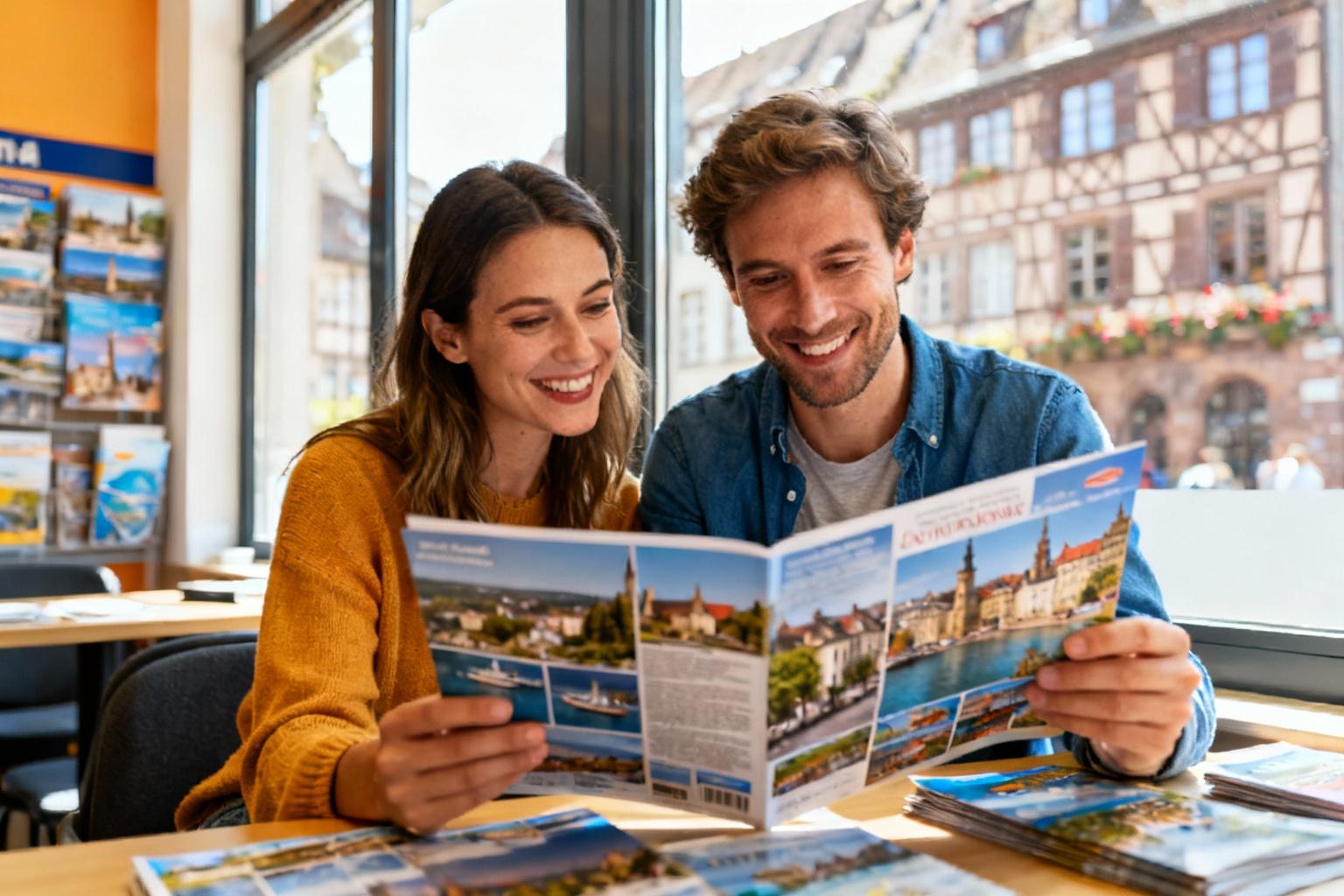 Jeune couple souriant consultant des brochures de voyage dans une agence à Strasbourg avec lumière naturelle