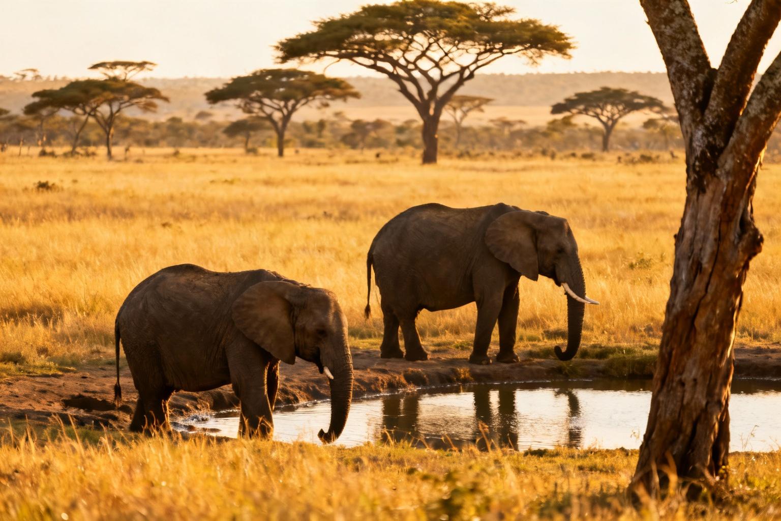 Paysage de safari africain avec des éléphants broutant près d'un point d'eau sous la lumière dorée du coucher de soleil