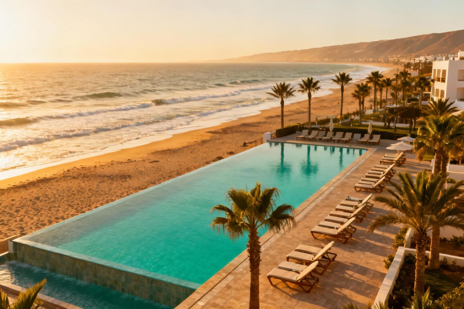 Vue sur l'océan Atlantique depuis une piscine à débordement d'un complexe hôtelier à Agadir, avec transats sous les palmiers