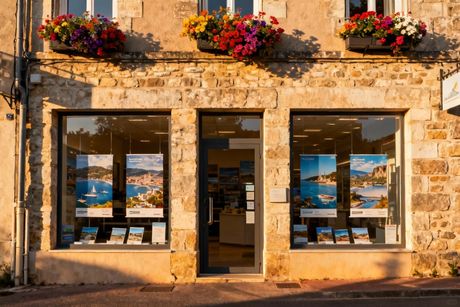 Façade d'une agence de voyage moderne à Montaigu-de-Quercy avec affiches de voyage et fleurs aux fenêtres