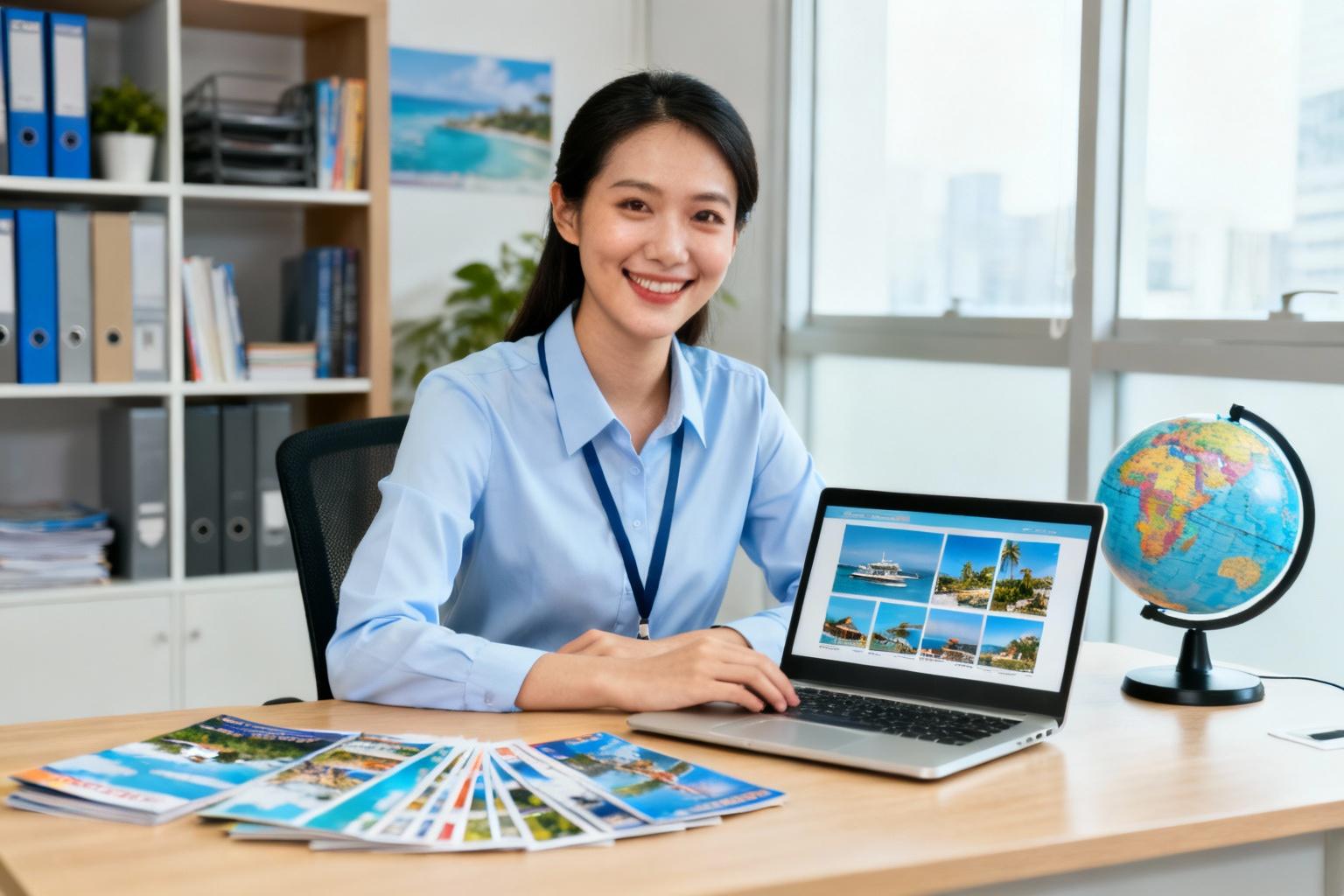 Agente de voyage souriante devant son ordinateur avec des brochures de voyages et un globe sur son bureau