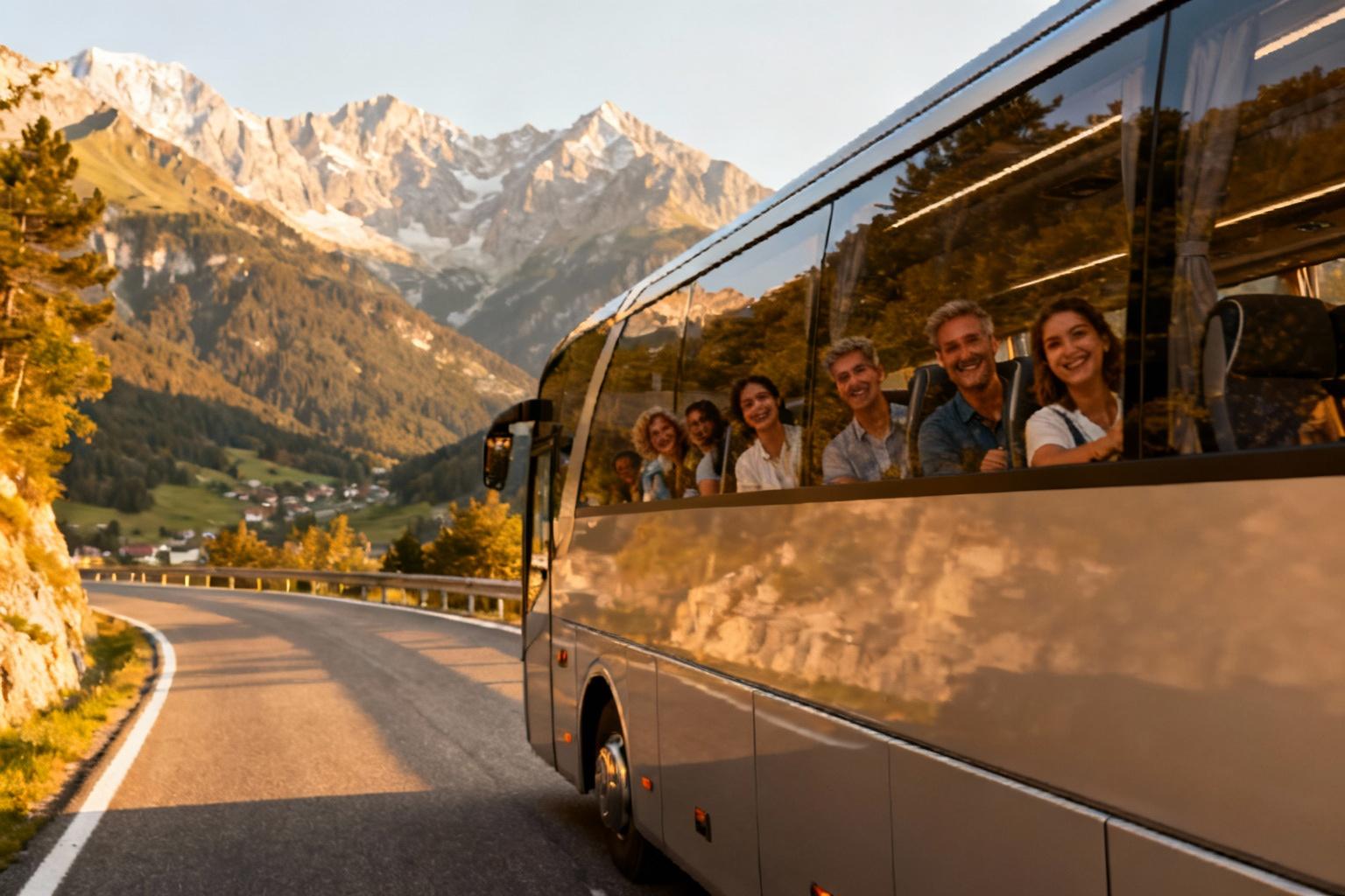 Autocar moderne de luxe roulant sur une route de montagne ensoleillée avec les Alpes en arrière-plan