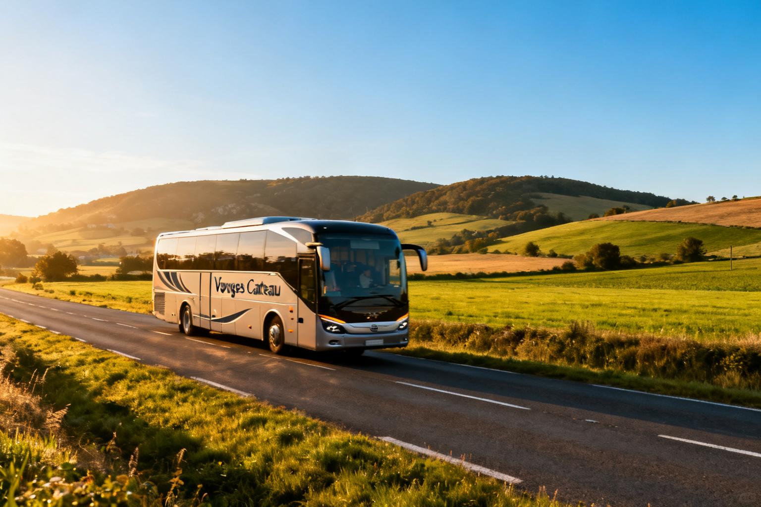 Autocar moderne de luxe Voyages Catteau roulant sur une route panoramique dans le nord de la France, paysage de campagne avec collines