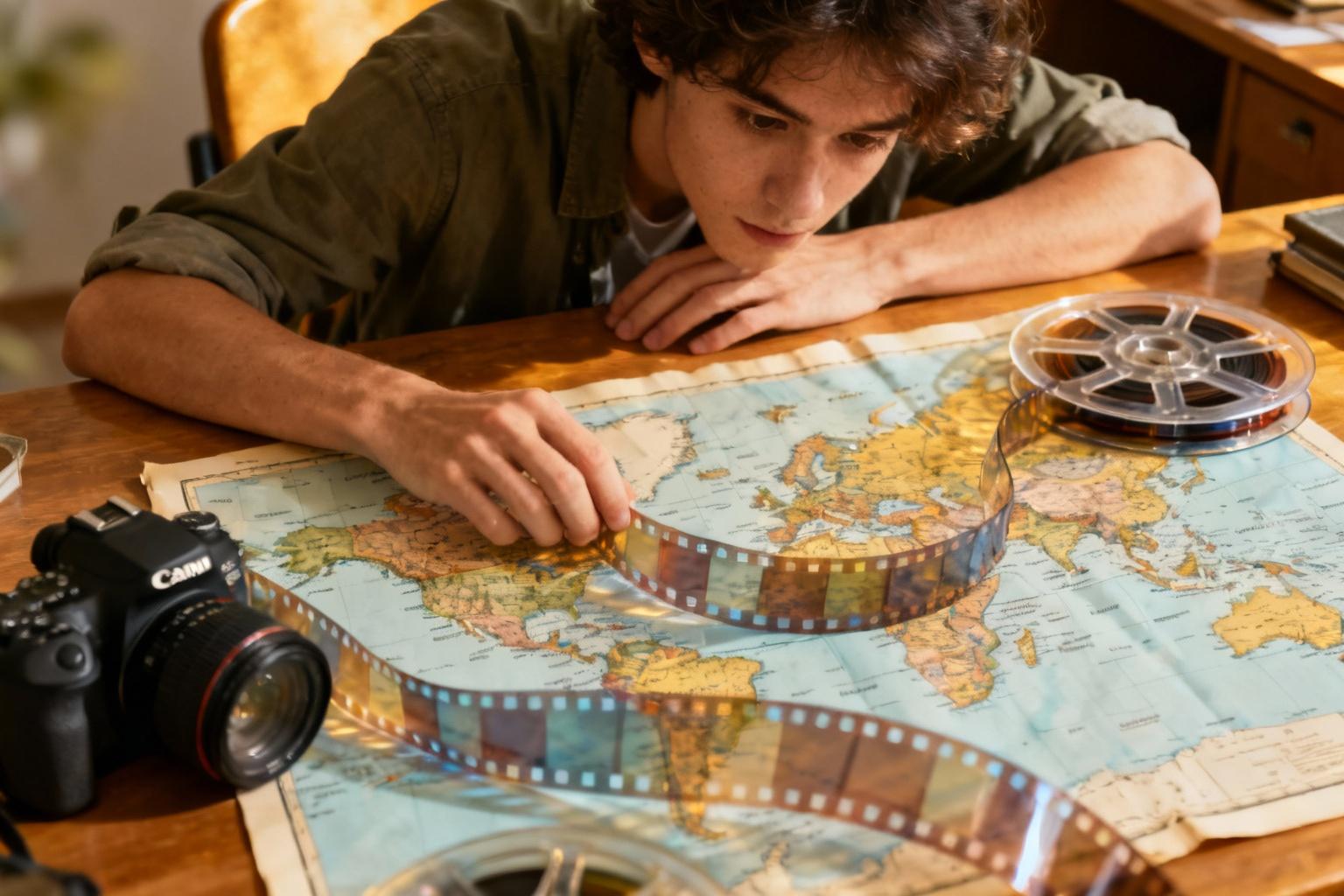 Personne debout devant une carte du monde avec des pellicules de film superposées sur différentes destinations