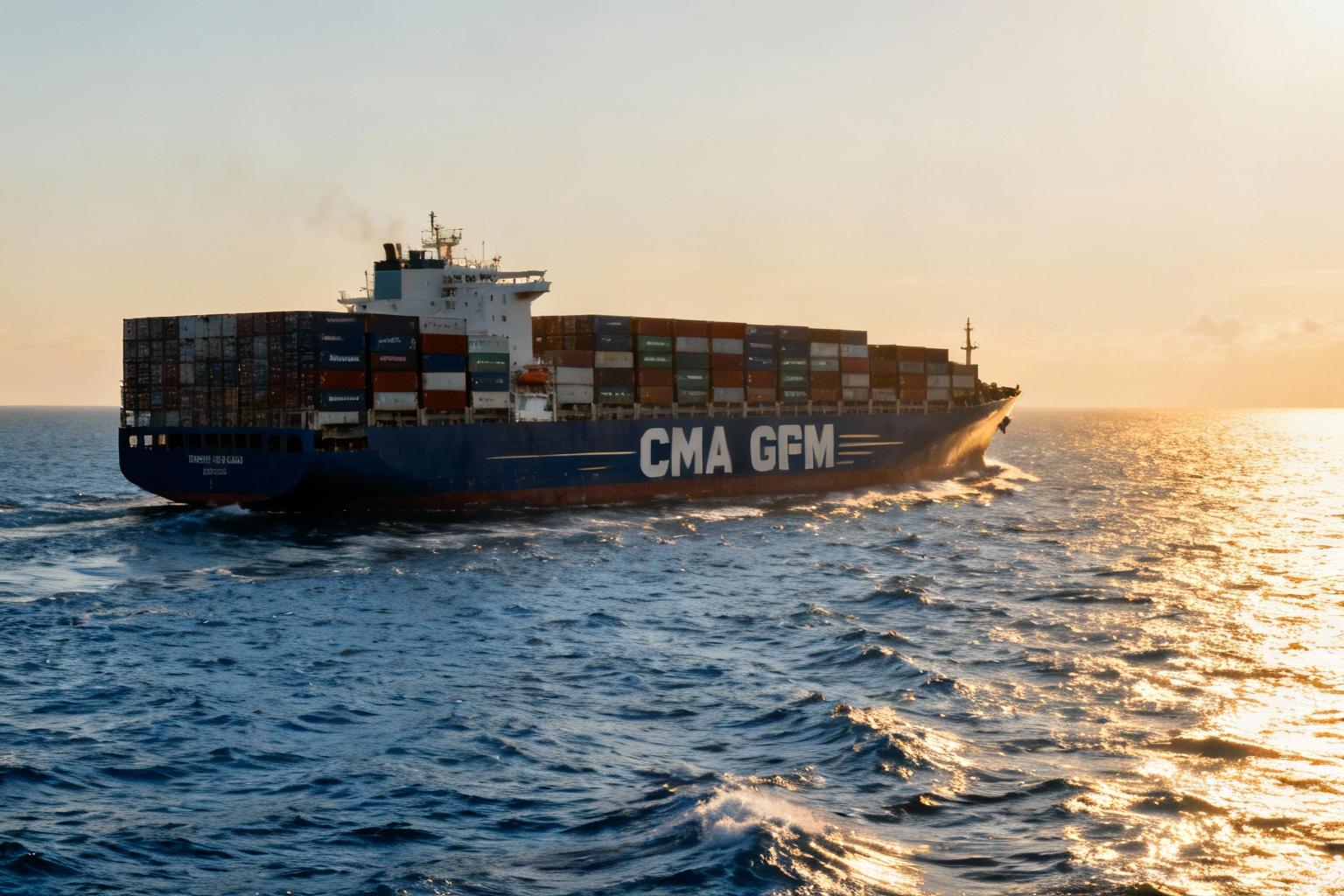 Grand navire porte-conteneurs CMA CGM naviguant sur des eaux bleues avec des conteneurs empilés sur le pont