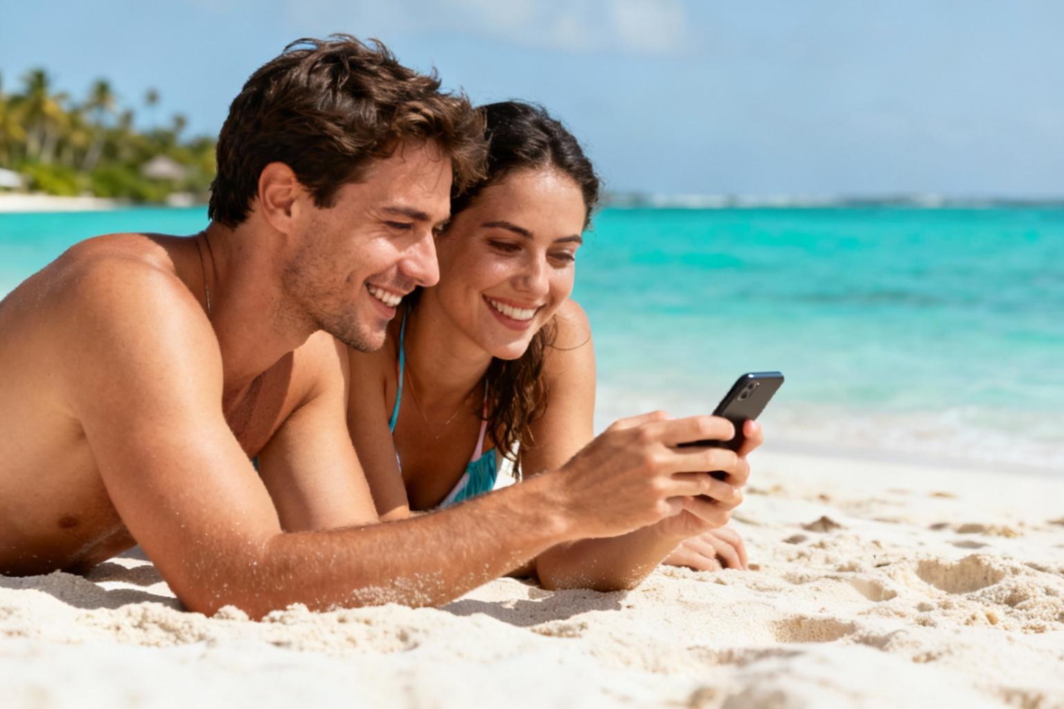 Couple souriant détendu sur une plage de sable blanc avec eau turquoise, consultant un plan de paiement sur smartphone