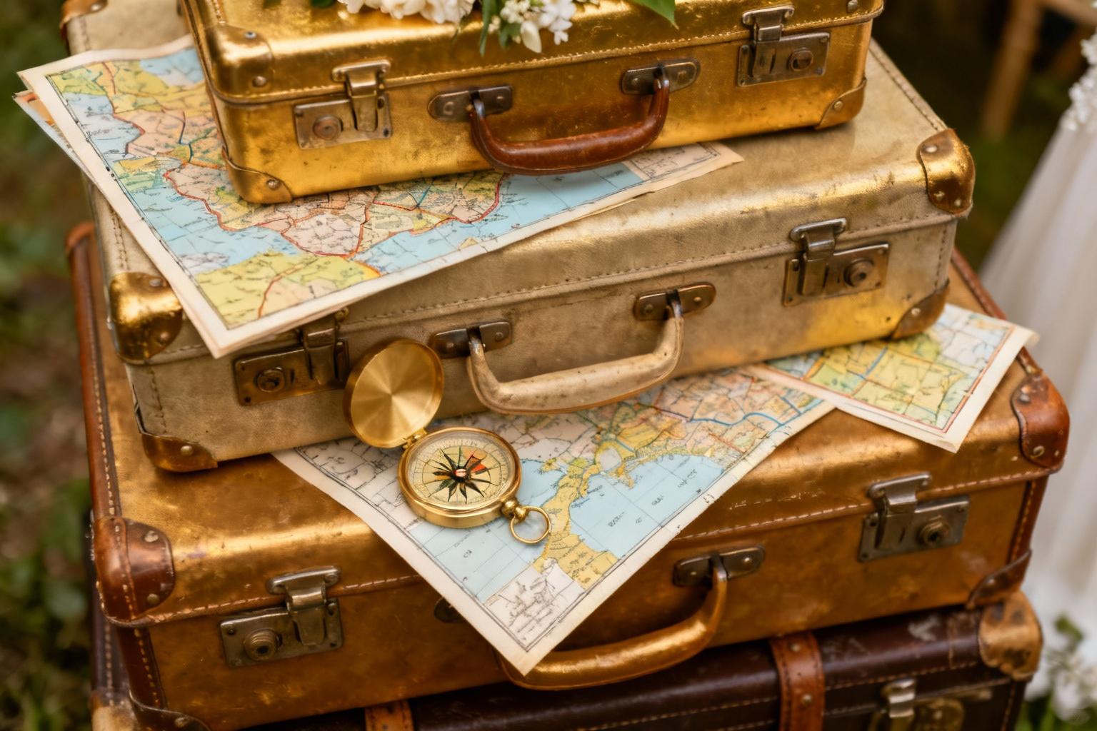Valises vintage empilées avec cartes et boussoles pour une décoration de mariage élégante sur le thème du voyage