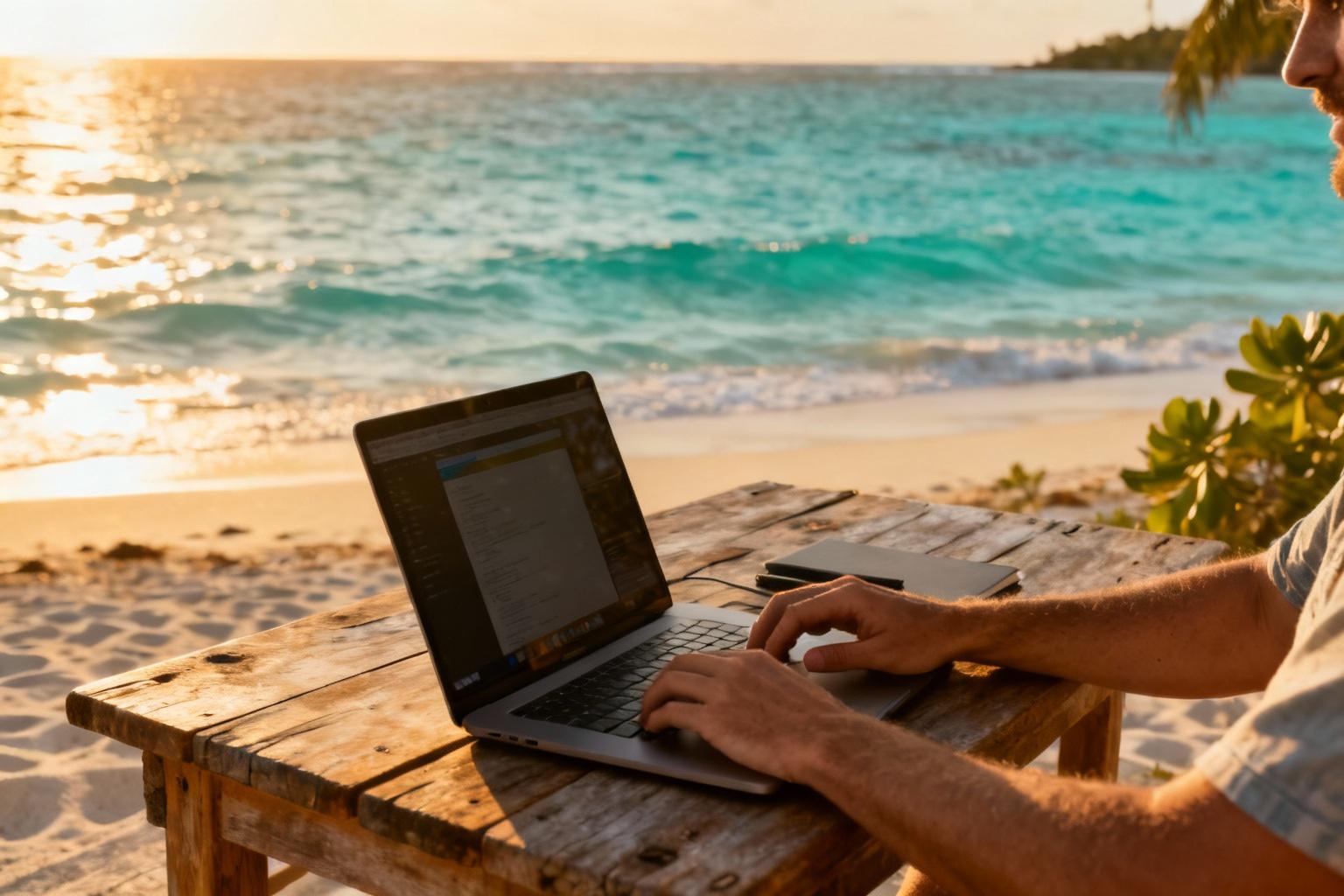 Personne travaillant sur ordinateur portable à une table en bois avec vue sur l'océan turquoise au coucher du soleil