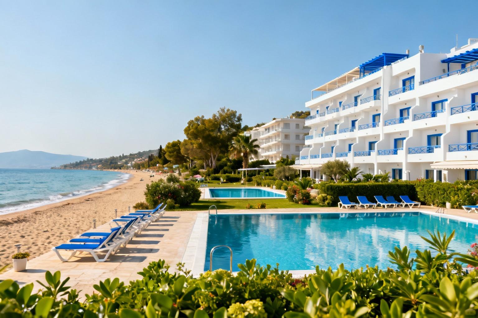 Elion Seaside Resort avec ses deux piscines et plage privée en Crète, architecture méditerranéenne blanche et bleue