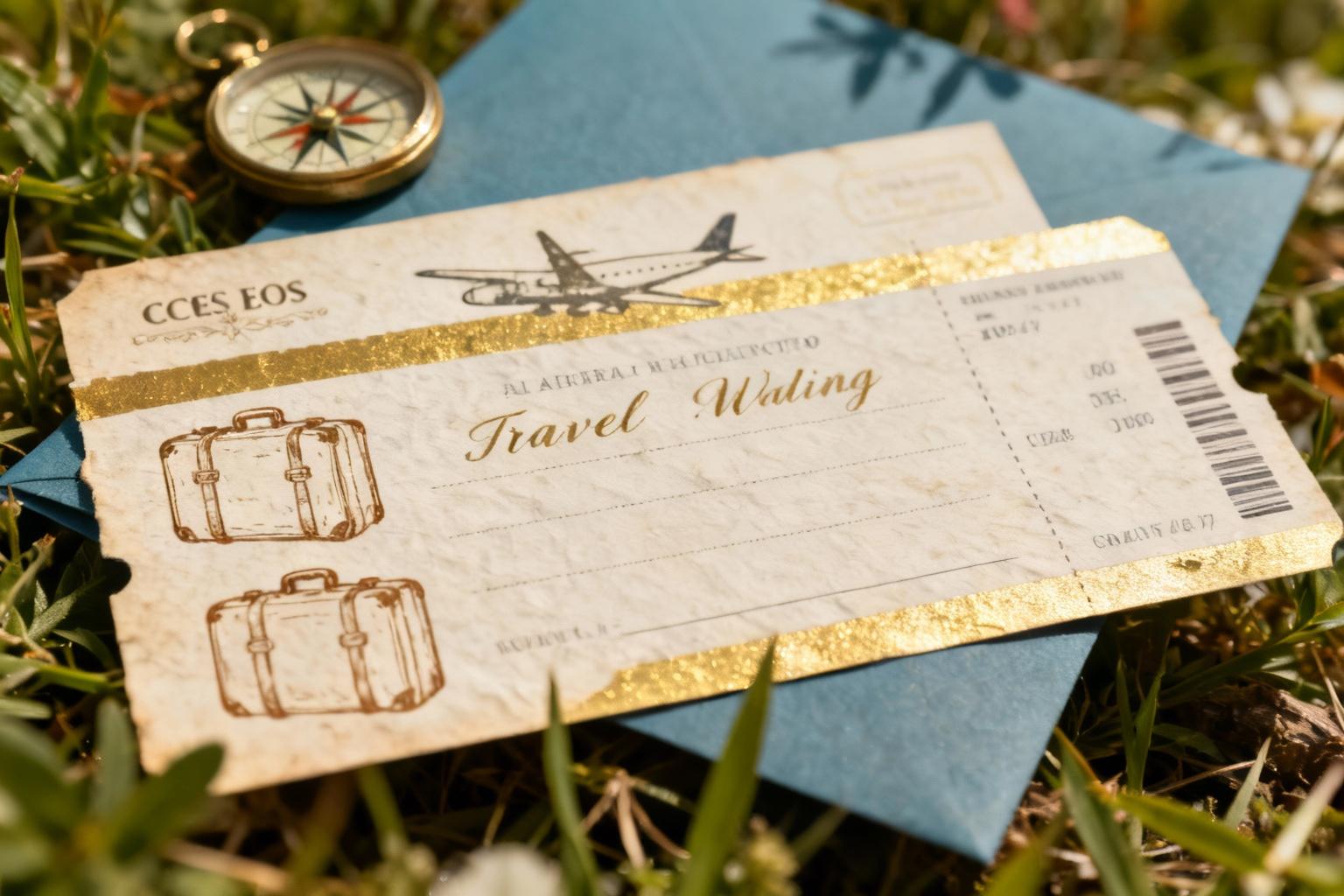 Faire-part de mariage sur ticket d'avion vintage avec illustrations de valises et boussole, fond papier texturé