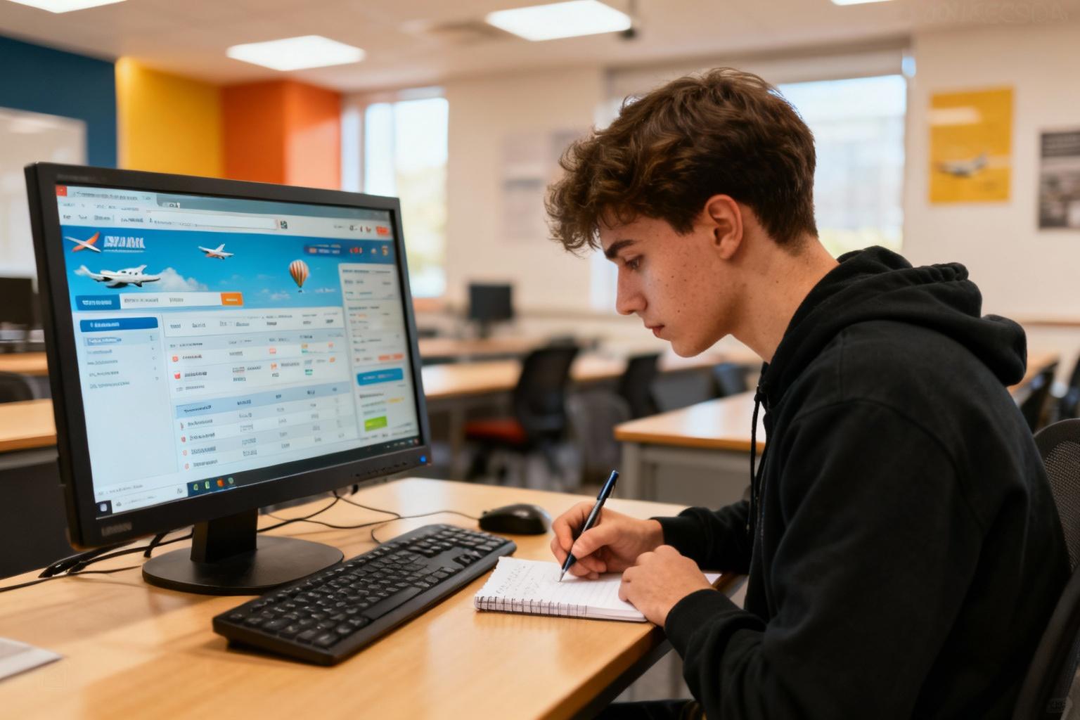 Étudiant concentré prenant des notes devant un ordinateur affichant un logiciel de réservation, dans une salle de formation lumineuse