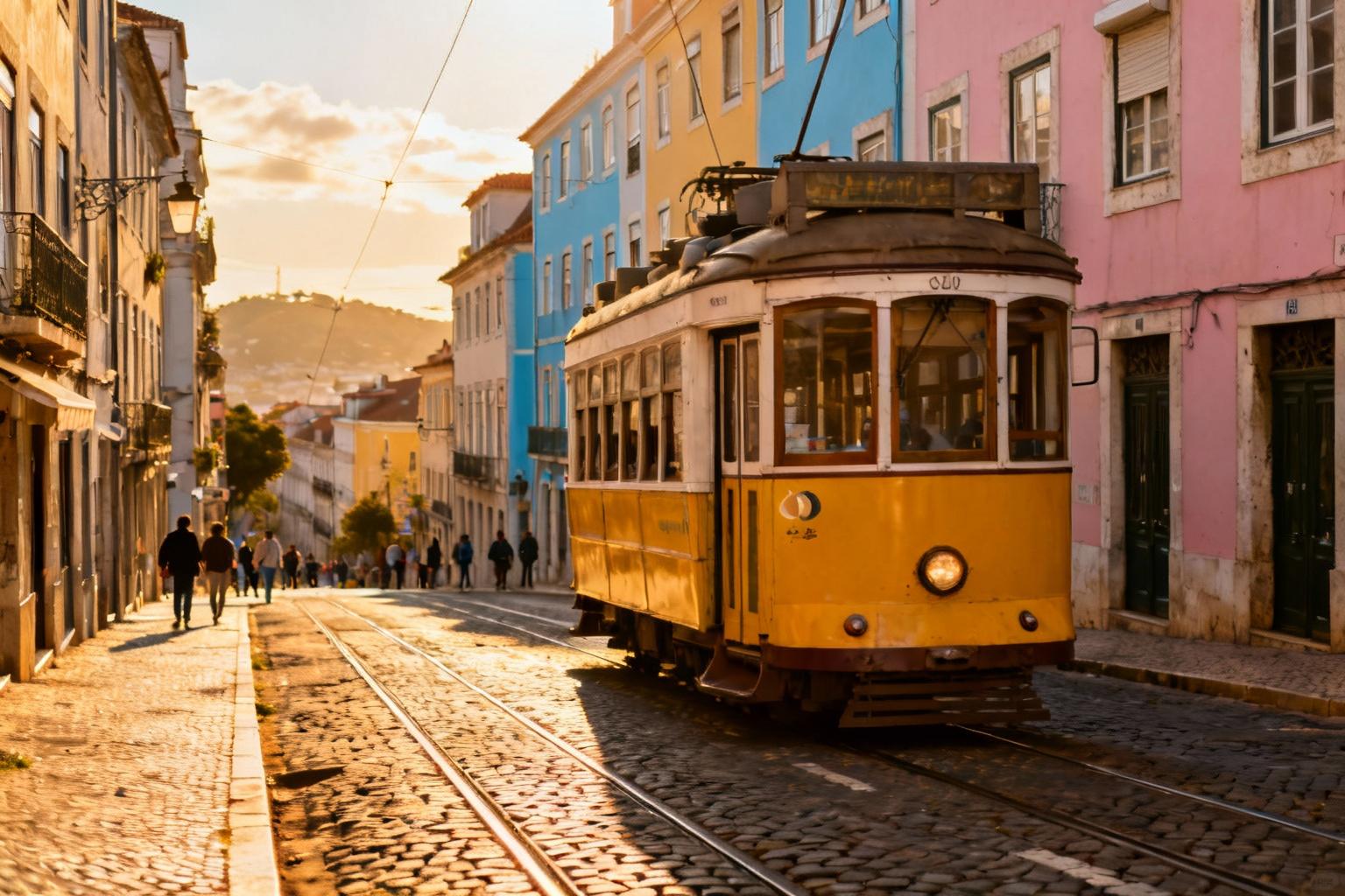 Vue de Lisbonne avec ses bâtiments colorés, un tramway jaune et une lumière dorée en fin de journée