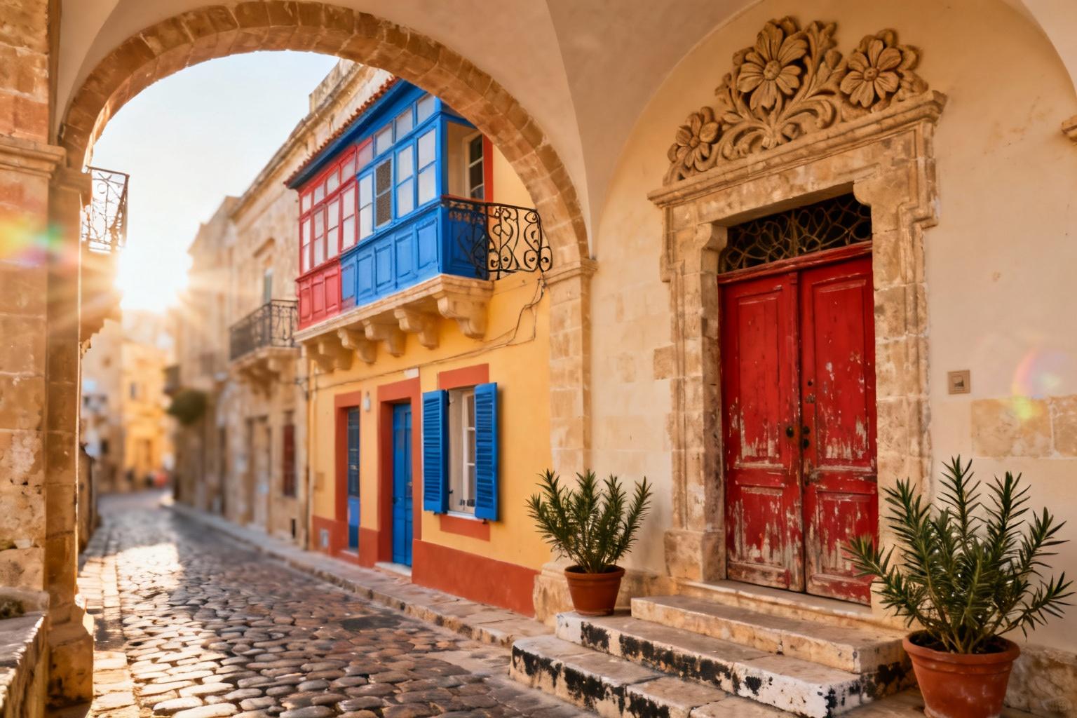 Maison maltaise typique avec balcon coloré donnant sur une rue historique, pierres apparentes et lumière méditerranéenne