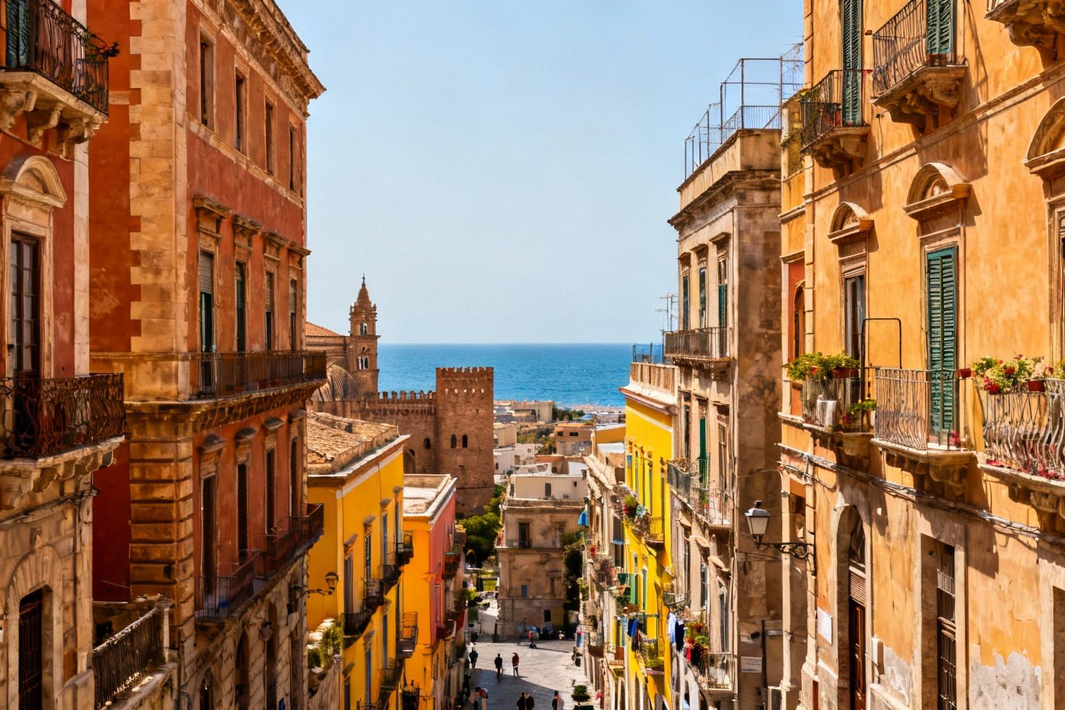 Ville de Palerme en Sicile avec rues colorées, bâtiments historiques et vue sur la Méditerranée