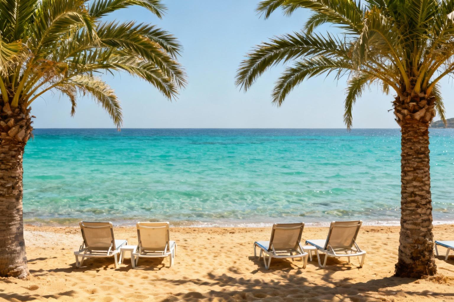Plage ensoleillée avec eau turquoise, sable doré et chaises longues vides sous des palmiers, ambiance vacances méditerranéennes