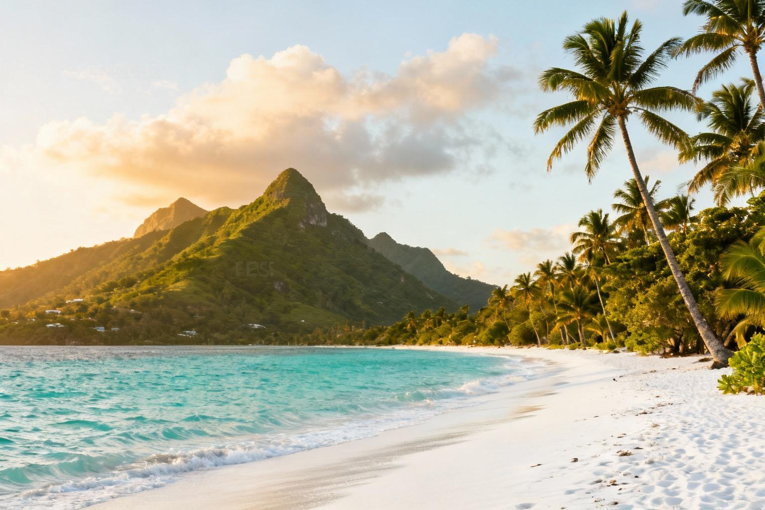 Plage de sable blanc en Martinique entourée d'eaux turquoise et de palmiers, avec montagnes verdoyantes en arrière-plan