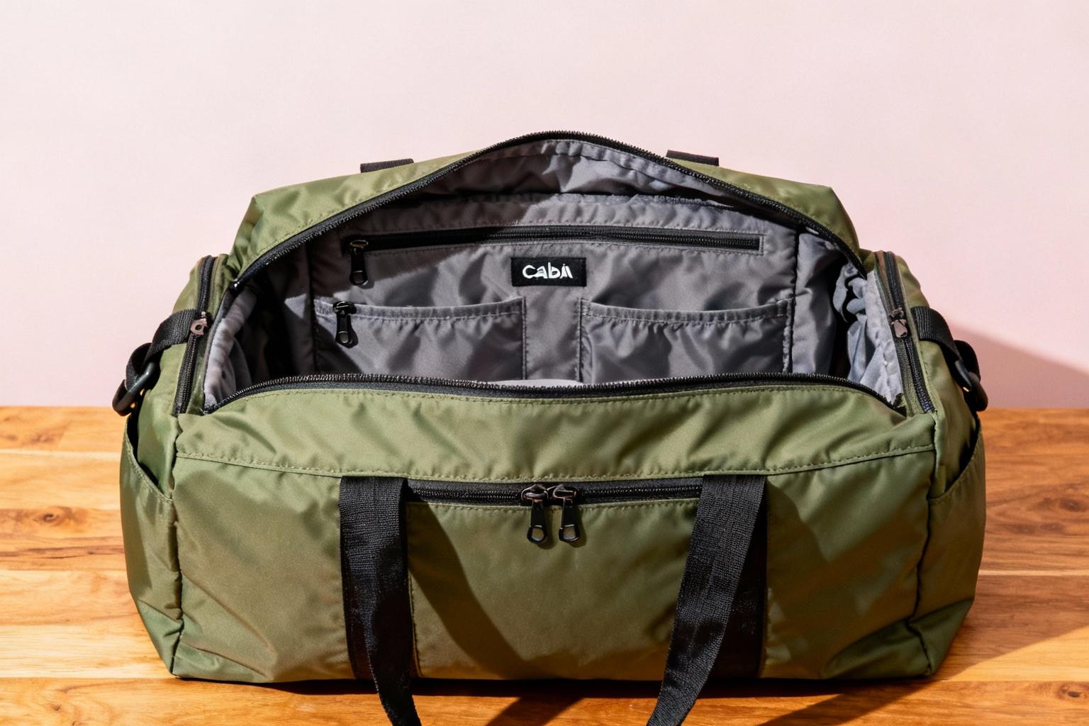 Sac de voyage Cabaia en nylon avec YKK zips, légèrement ouvert sur une surface en bois avec éclairage naturel