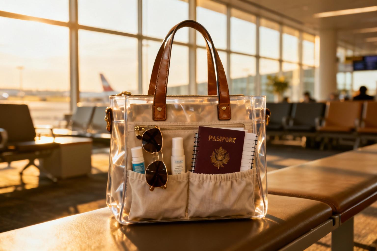 Sac à main voyage élégant pour femme posé sur un banc dans un salon d'aéroport, avec des compartiments organisés