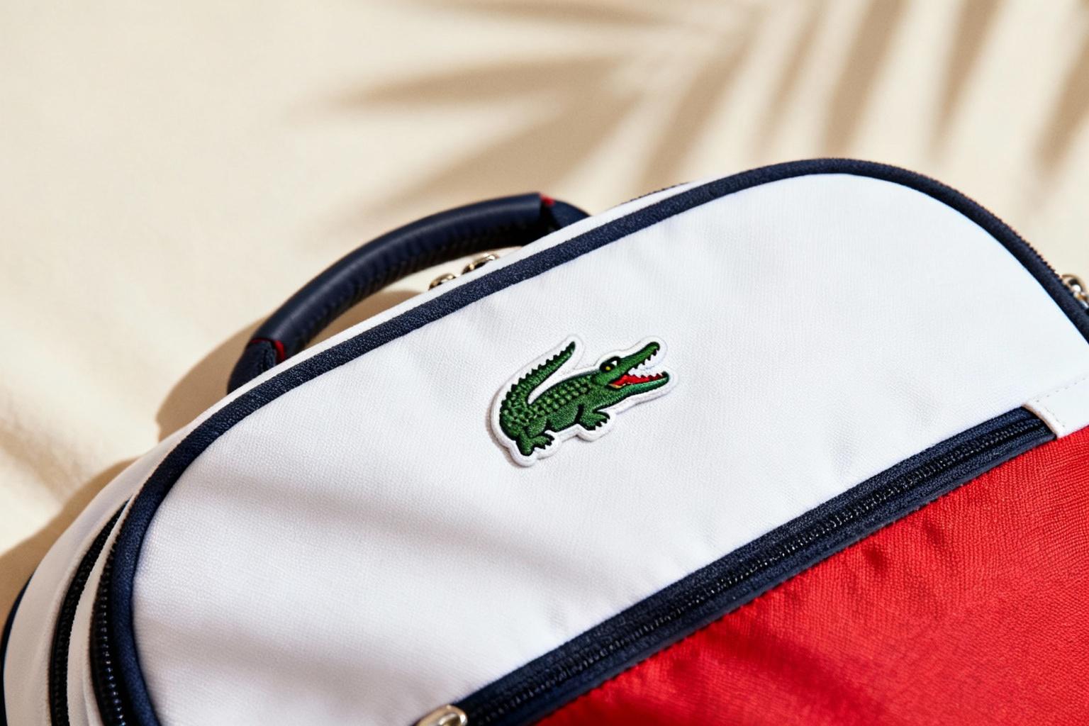 Sac de voyage élégant de la marque Lacoste avec son emblème crocodile, posé sur un fond neutre