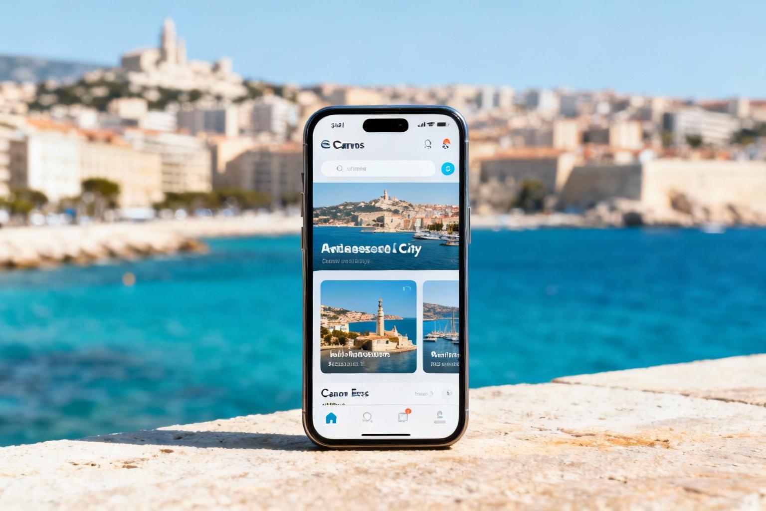 Smartphone montrant l'interface de l'application iConnect Marseille avec en arrière-plan la côte méditerranéenne et un ciel bleu