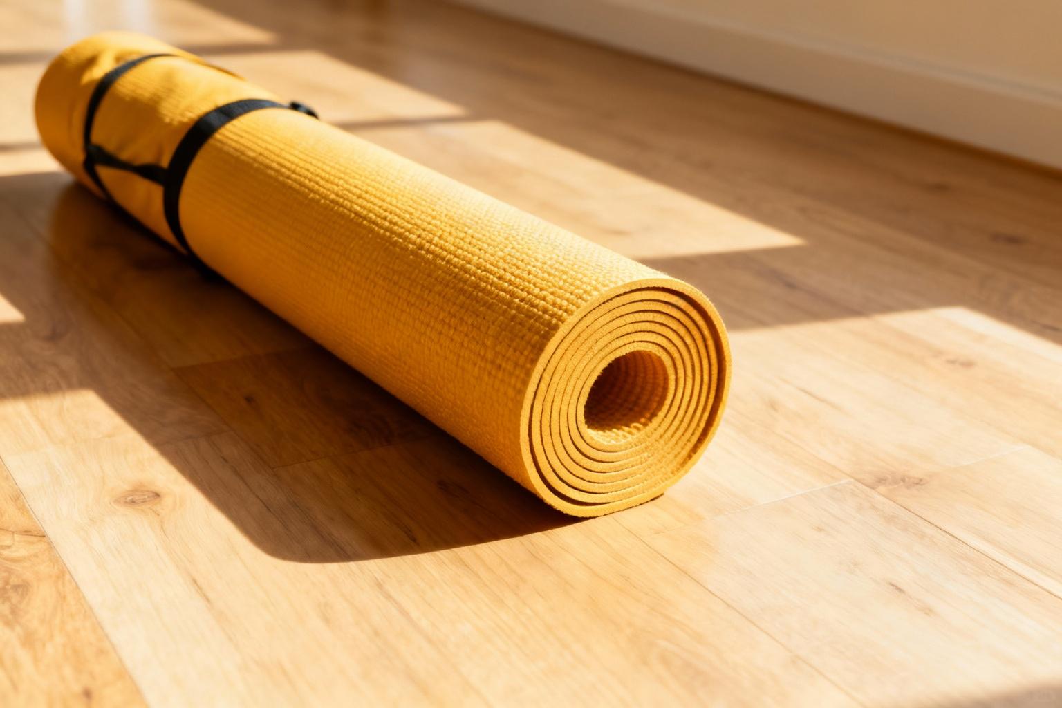 Tapis de yoga pour voyage roulé posé sur un sol en bois clair avec éclairage naturel doux et ombres subtiles