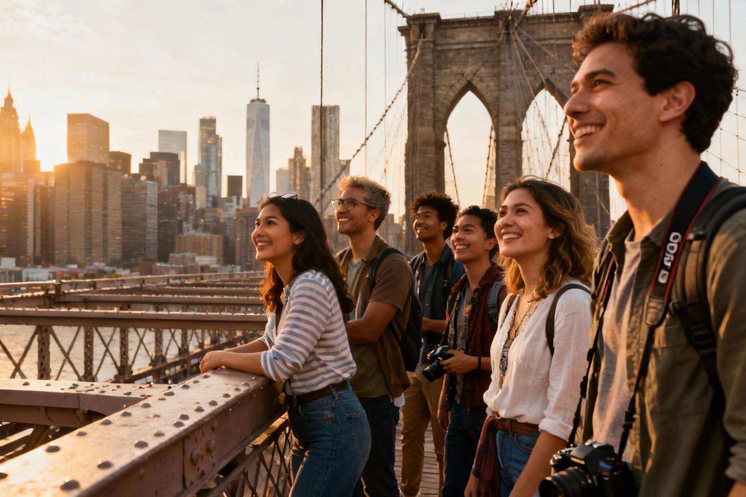 Groupe de touristes souriants admirant la skyline de New York depuis le Brooklyn Bridge au coucher du soleil