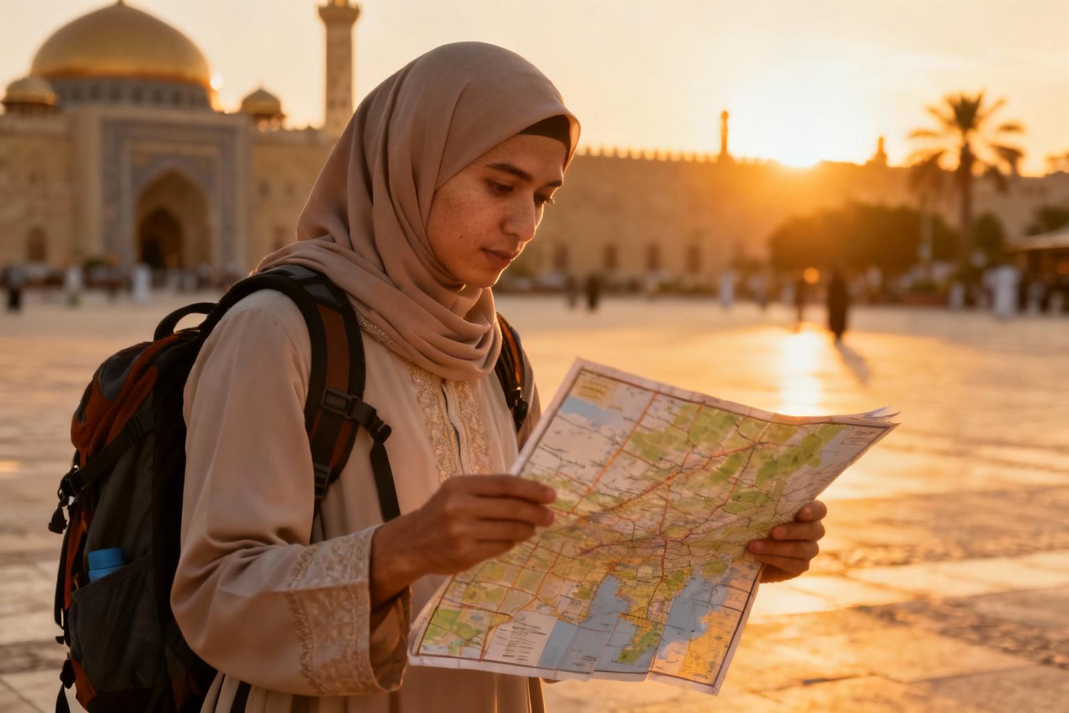 Voyageur vêtu modestement consultant une carte lors du coucher de soleil pendant le ramadan, avec une atmosphère culturelle authentique