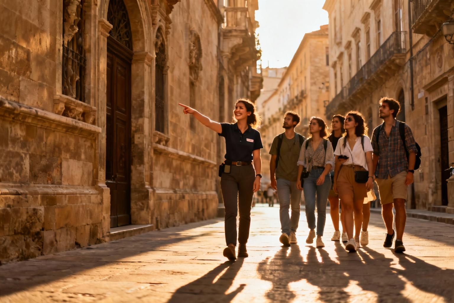 Guide féminine souriante menant un petit groupe de touristes dans une rue historique en Europe