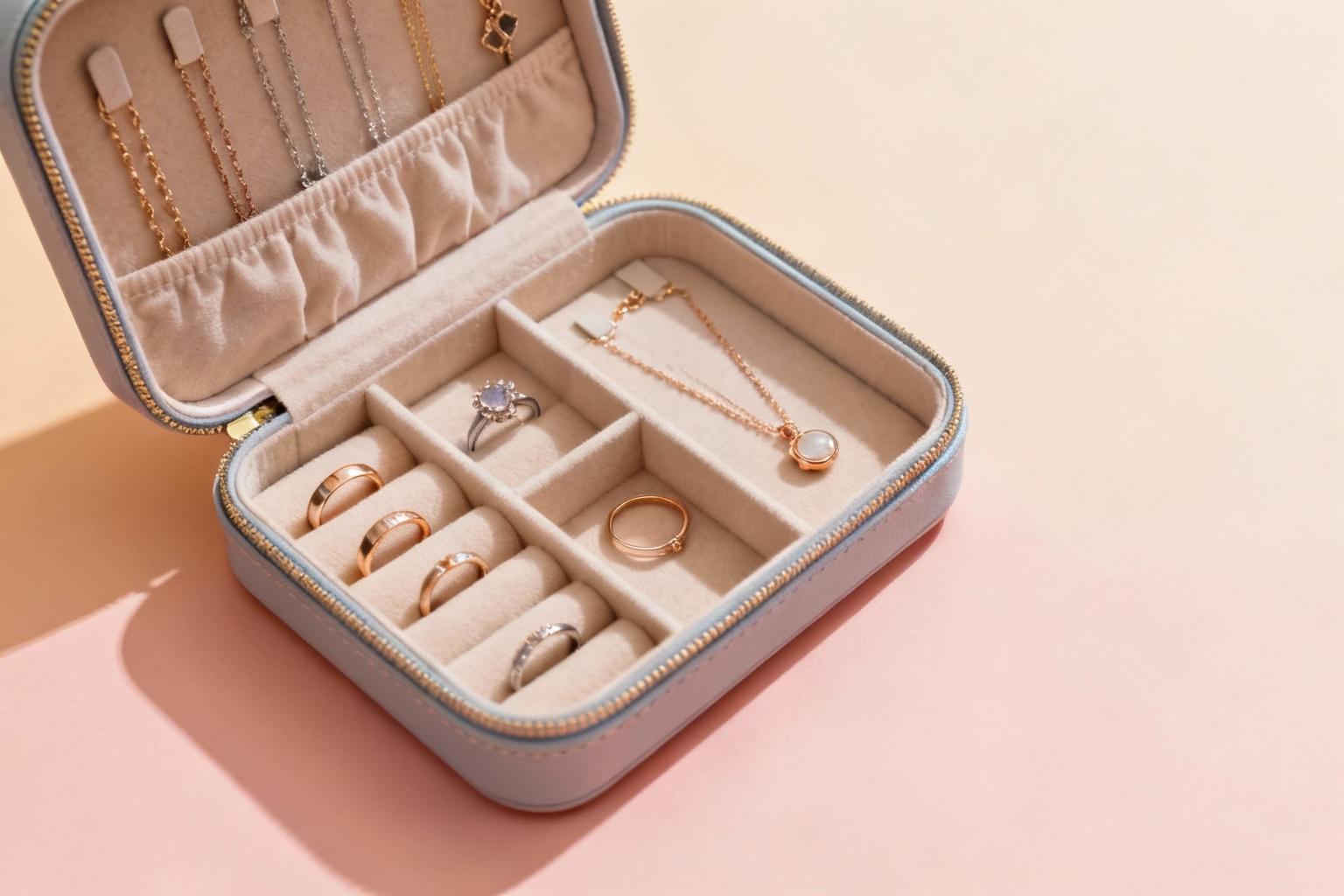 Boîte à bijoux voyage ouverte montrant des compartiments bien organisés avec des bagues et colliers sur fond pastel
