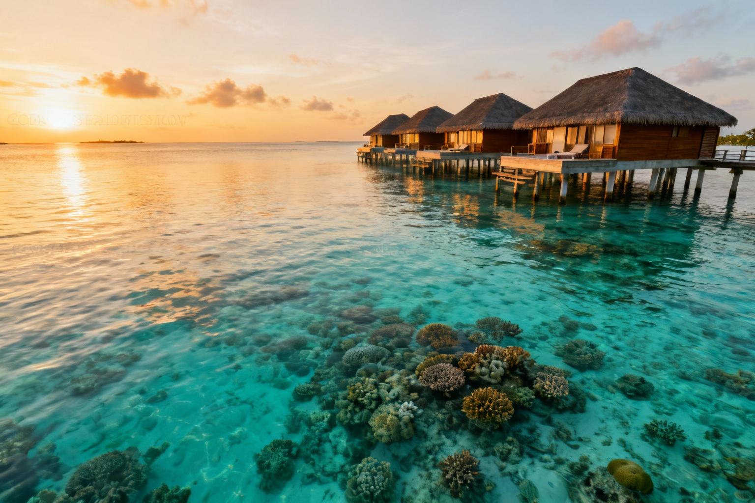 Bungalow sur pilotis dans l'eau turquoise des Maldives avec fond de coucher de soleil et coraux visibles