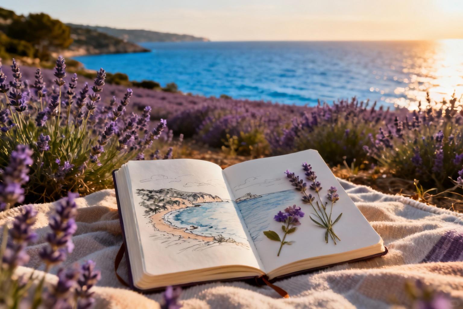 Carnet de voyage ouvert posé près des champs de lavande avec vue sur la mer Méditerranée au Lavandou