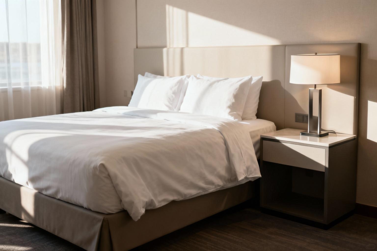 Chambre d'hôtel spacieuse avec lit bien fait, table de nuit moderne et lumière naturelle traversant les fenêtres