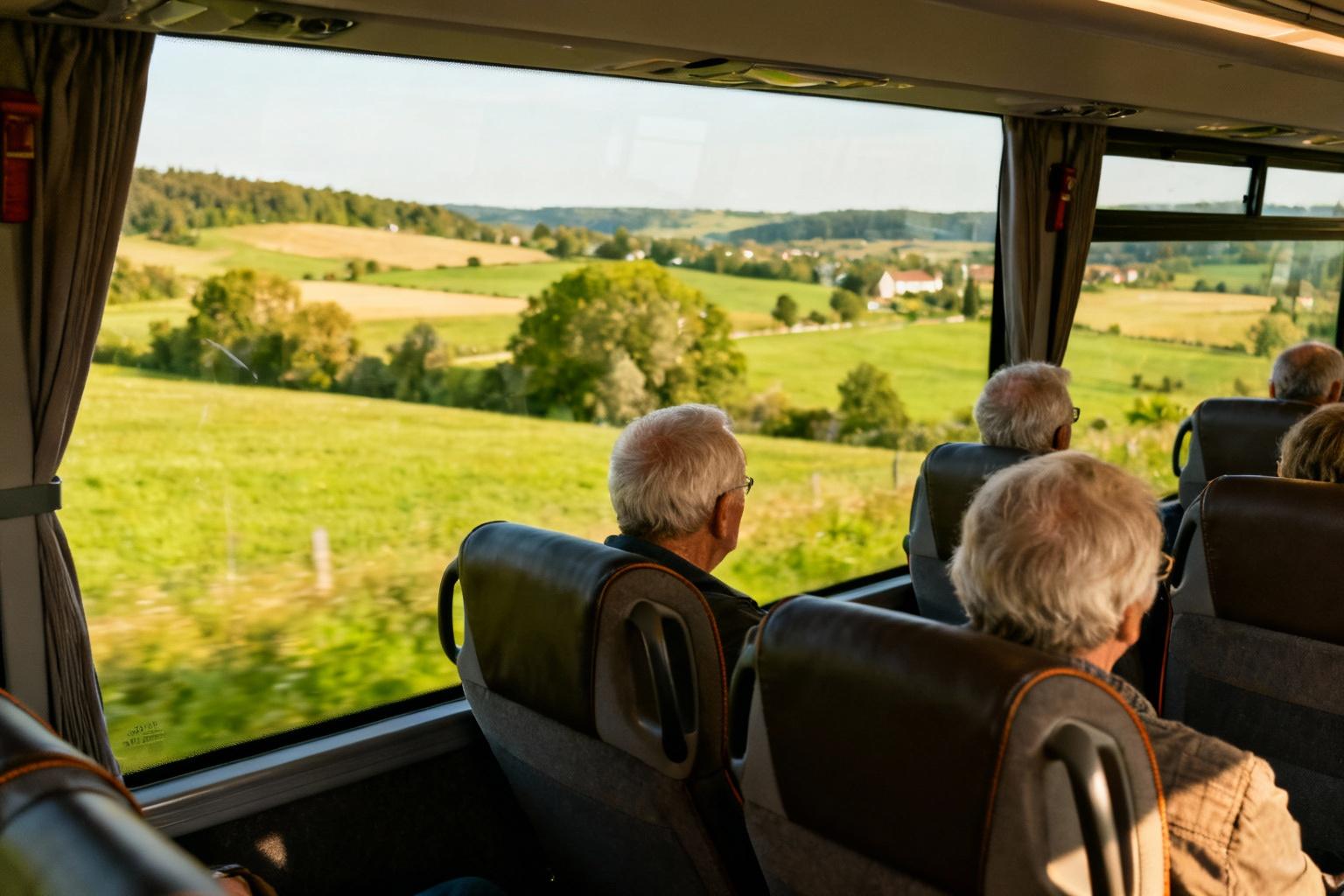Autocar de luxe traversant la campagne française avec des passagers seniors profitant du paysage à travers les grandes vitres