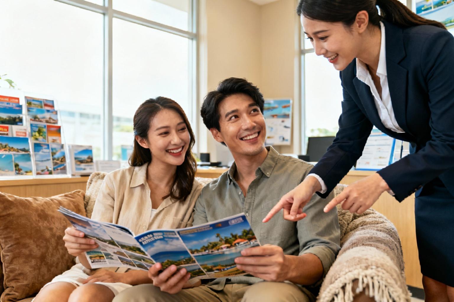 Couple heureux consultant des brochures de voyage avec un conseiller professionnel dans une agence chaleureuse
