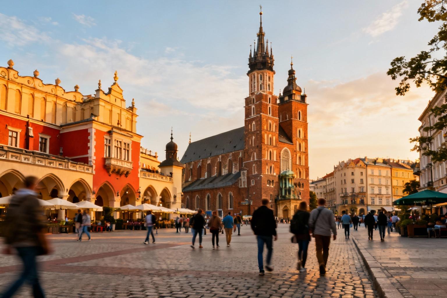 Place du marché de Cracovie avec les halles aux draps et l'église Sainte-Marie, entourée de bâtiments colorés et pavés
