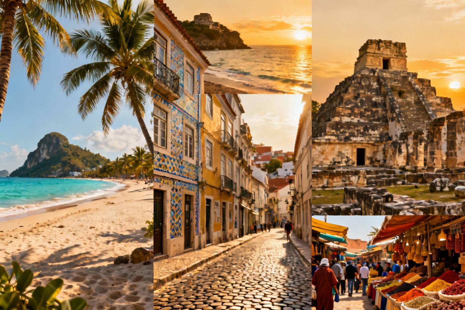 Collage de photos montrant des plages de Thaïlande, des rues de Lisbonne, des ruines anciennes du Mexique et des marchés marocains