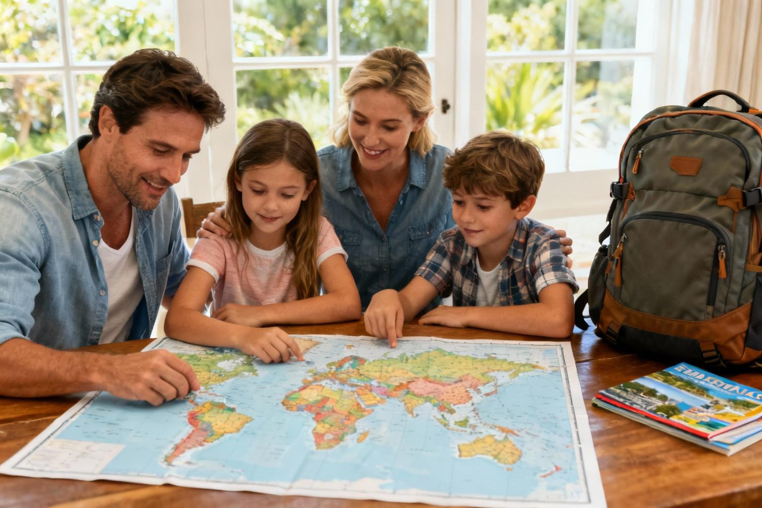 Parents et deux enfants étudiant une carte du monde sur une table avec sac à dos et guide de voyage à côté
