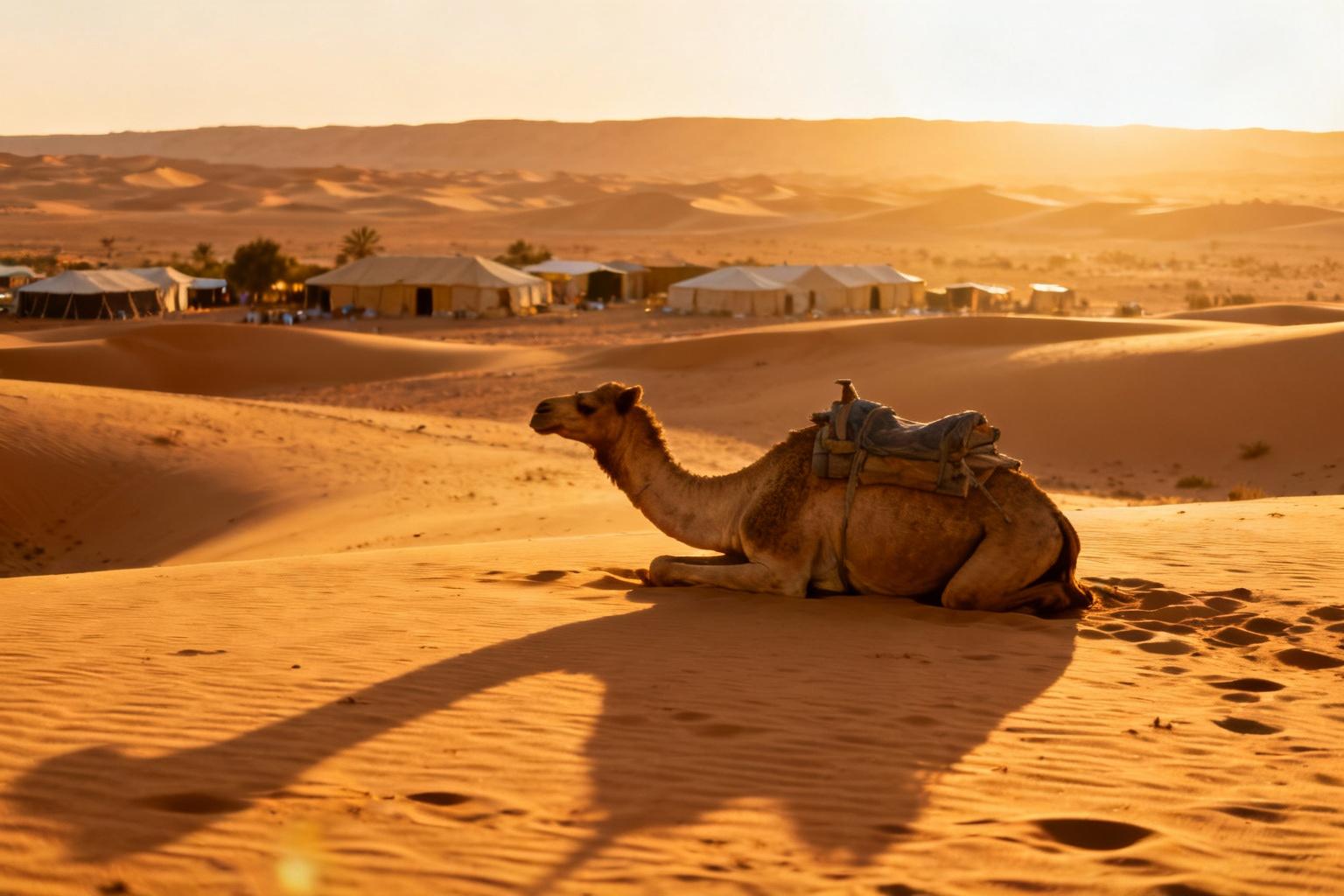 Désert marocain avec dunes de sable et dromadaires, sous la lumière dorée du coucher de soleil, campement berbère visible au loin