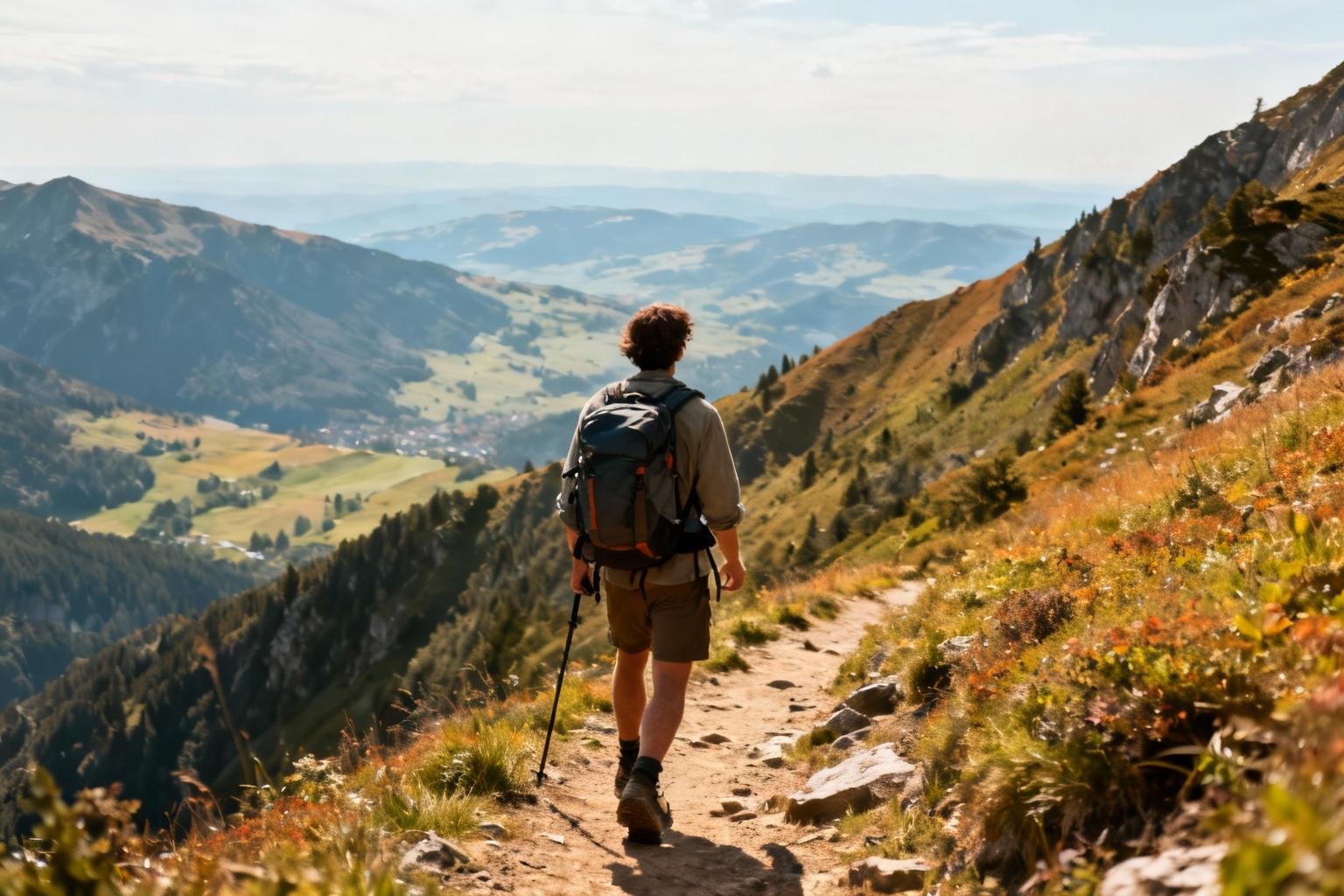 Personne en randonnée avec un sac à dos sur un sentier de montagne, contemplant un panorama montagneux au coucher du soleil