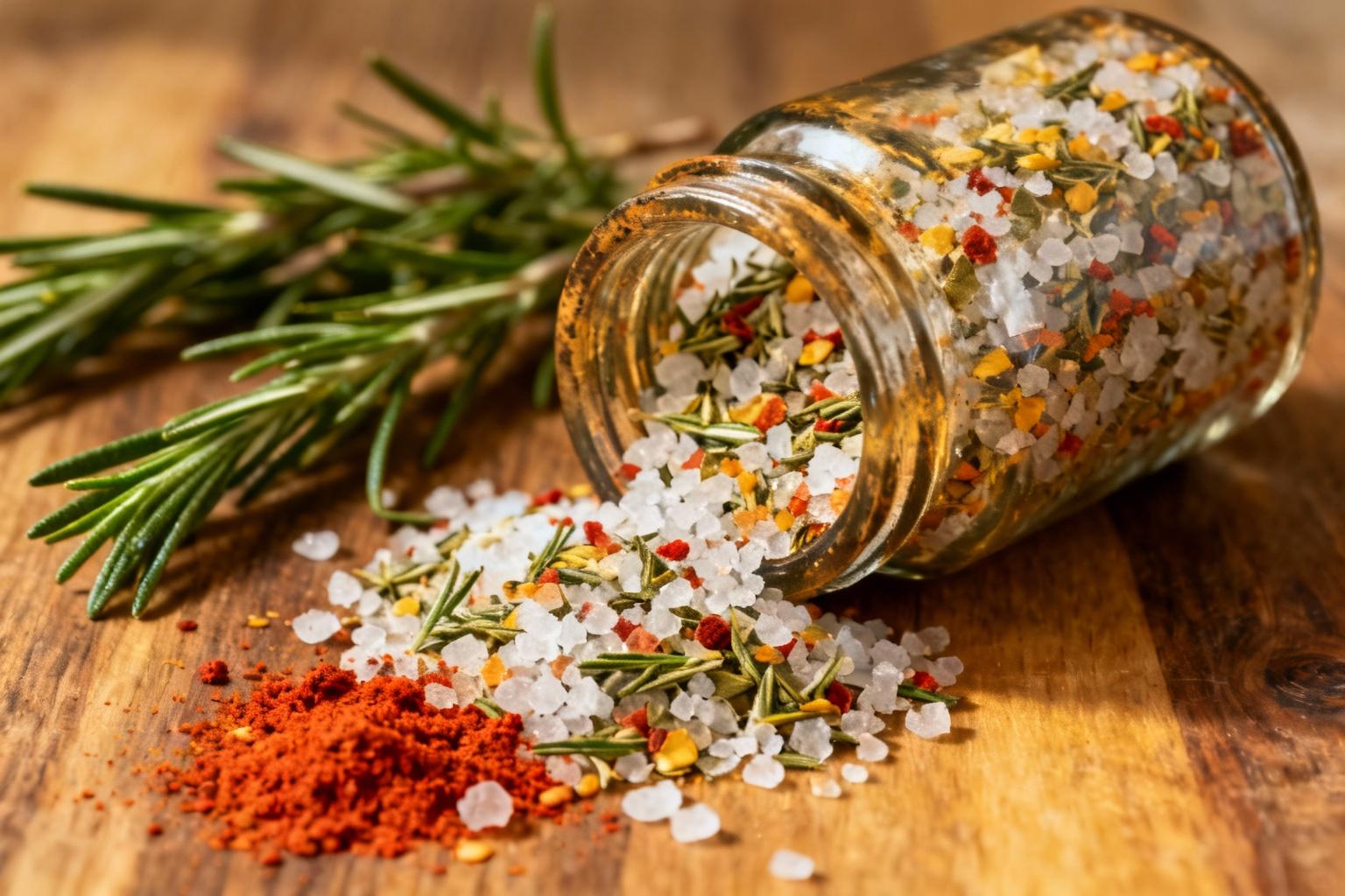 Condiment sel fou artisanal avec gros cristaux de sel mélangés à des herbes et du paprika, dans un bocal en verre sur une table en bois