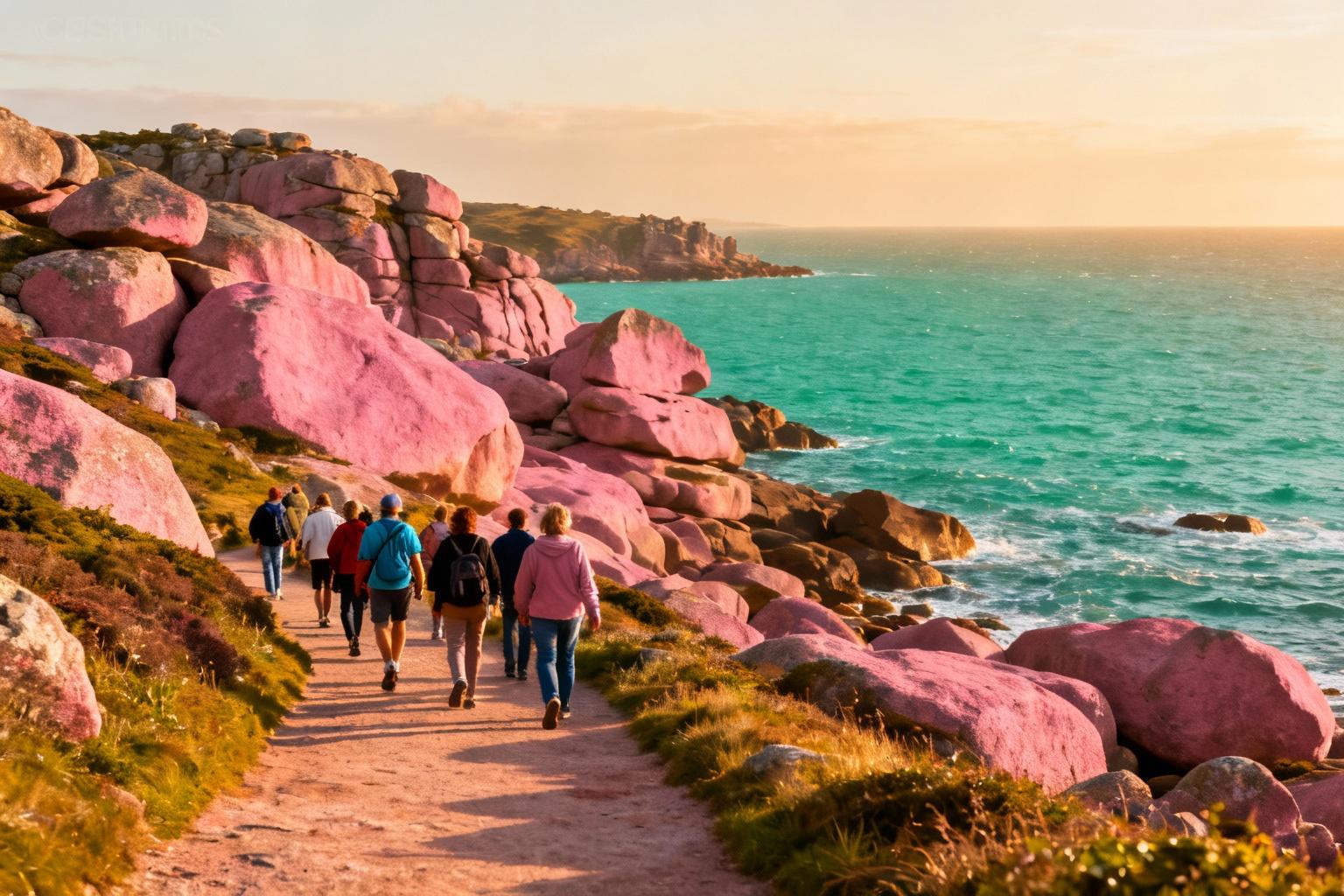Sentier côtier en Bretagne bordé de roches roses face à une mer turquoise, voyageurs marchant sous la lumière dorée du coucher de soleil