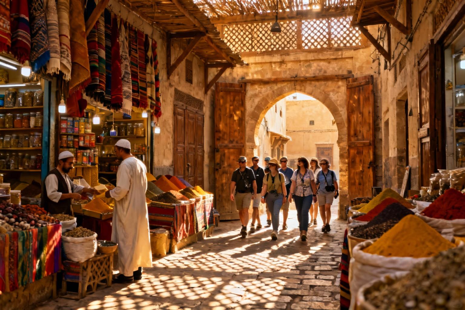 Groupe de touristes guidés dans les ruelles étroites d'une médina marocaine avec étals colorés et lumière chaude