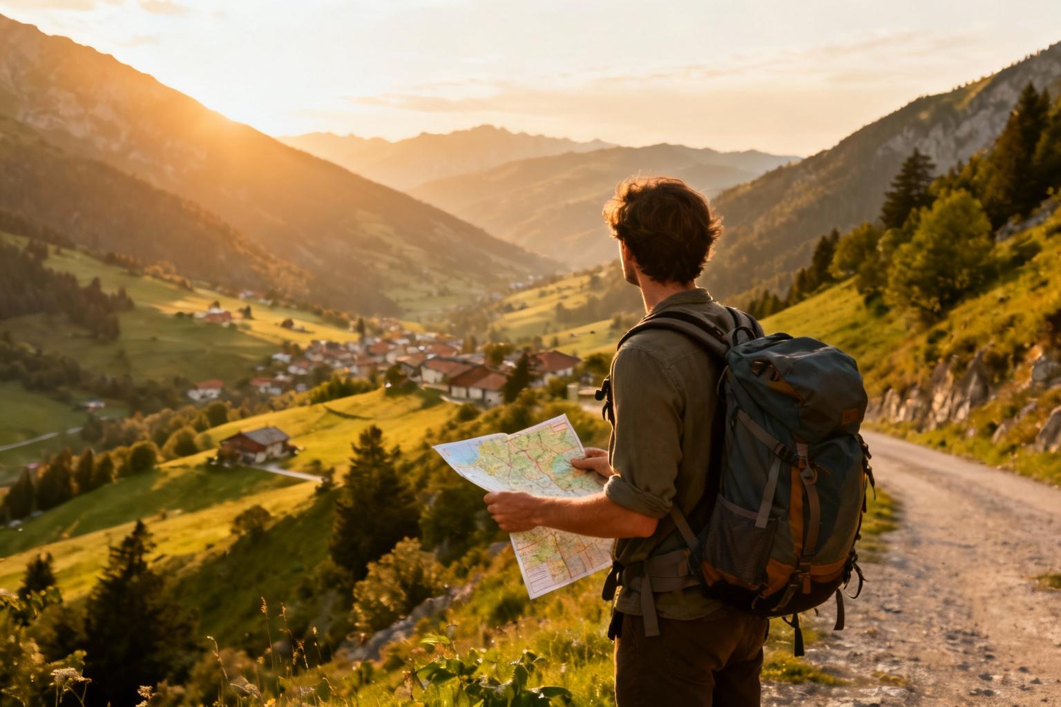 Voyageur avec sac à dos et carte admirant un paysage montagneux européen au coucher du soleil