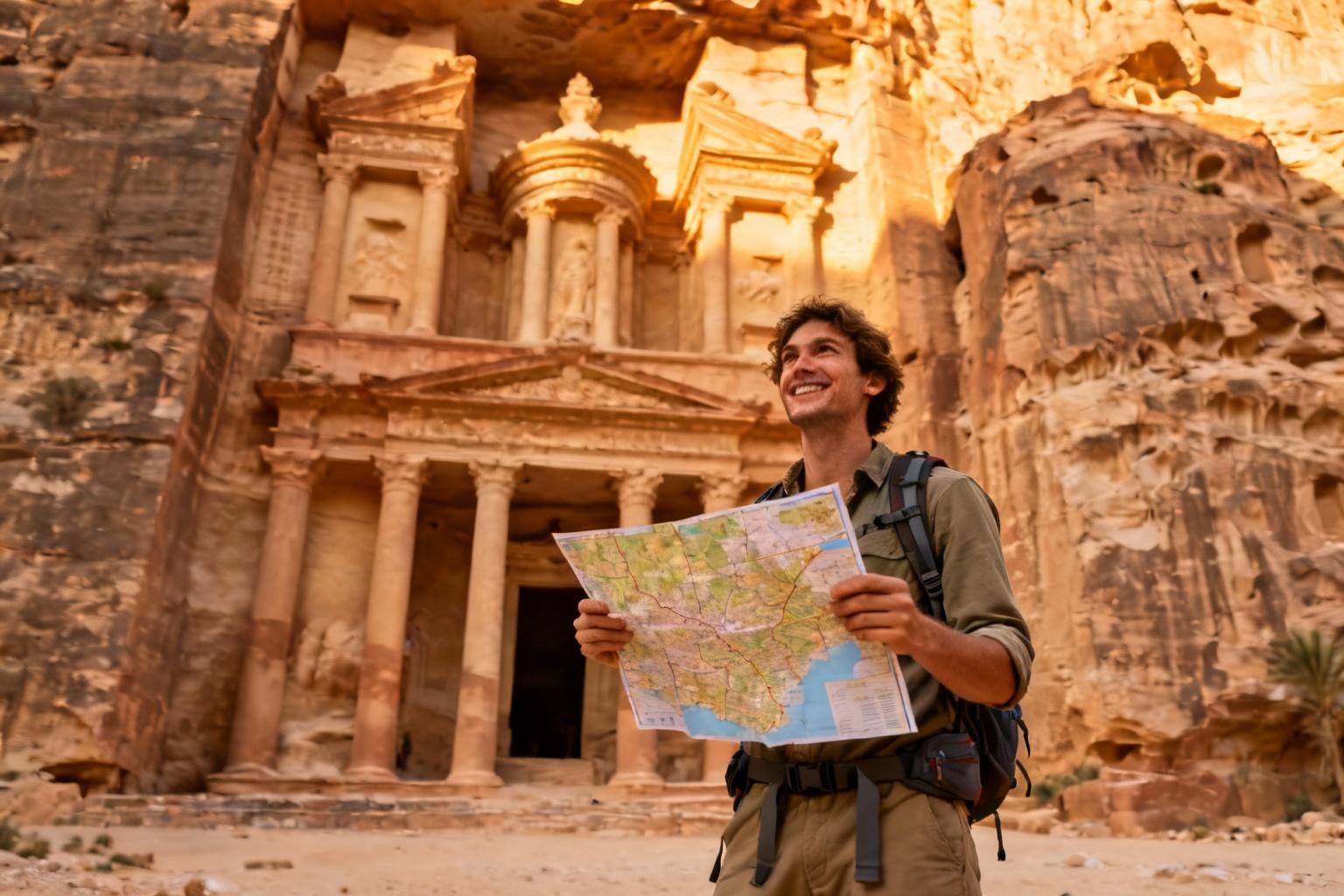 Voyageur souriant en tenue de randonnée explorant les ruines de Pétra avec une carte, façades en grès au coucher de soleil