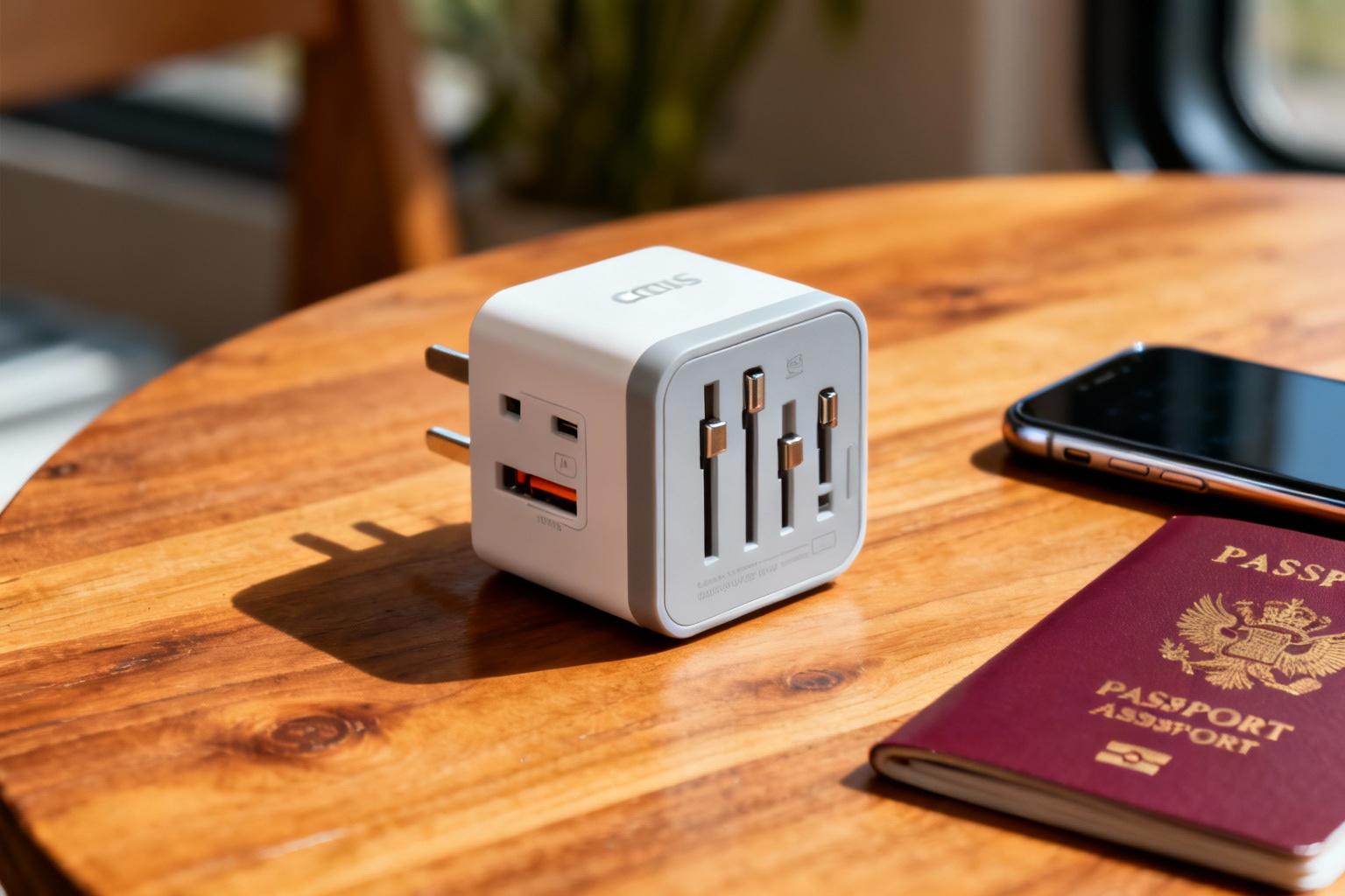 Adaptateur de voyage universel posé sur une table en bois à côté d'un smartphone et d'un passport, éclairage naturel doux