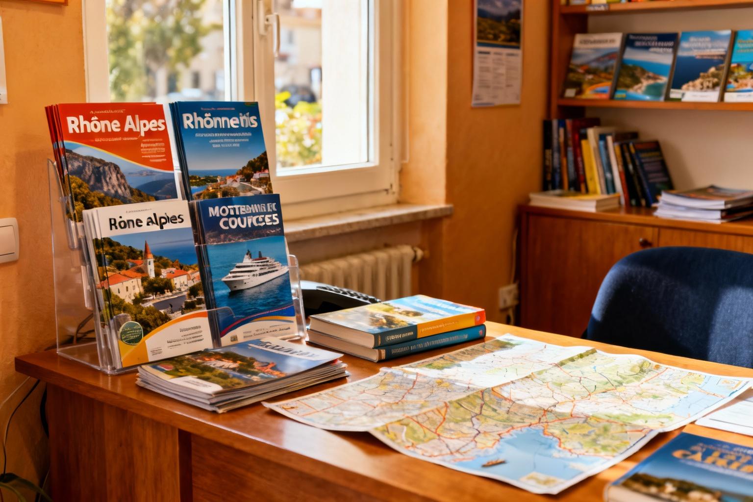 Bureau chaleureux d'une agence de voyage avec brochures pour circuits en Rhône-Alpes et croisières méditerranéennes