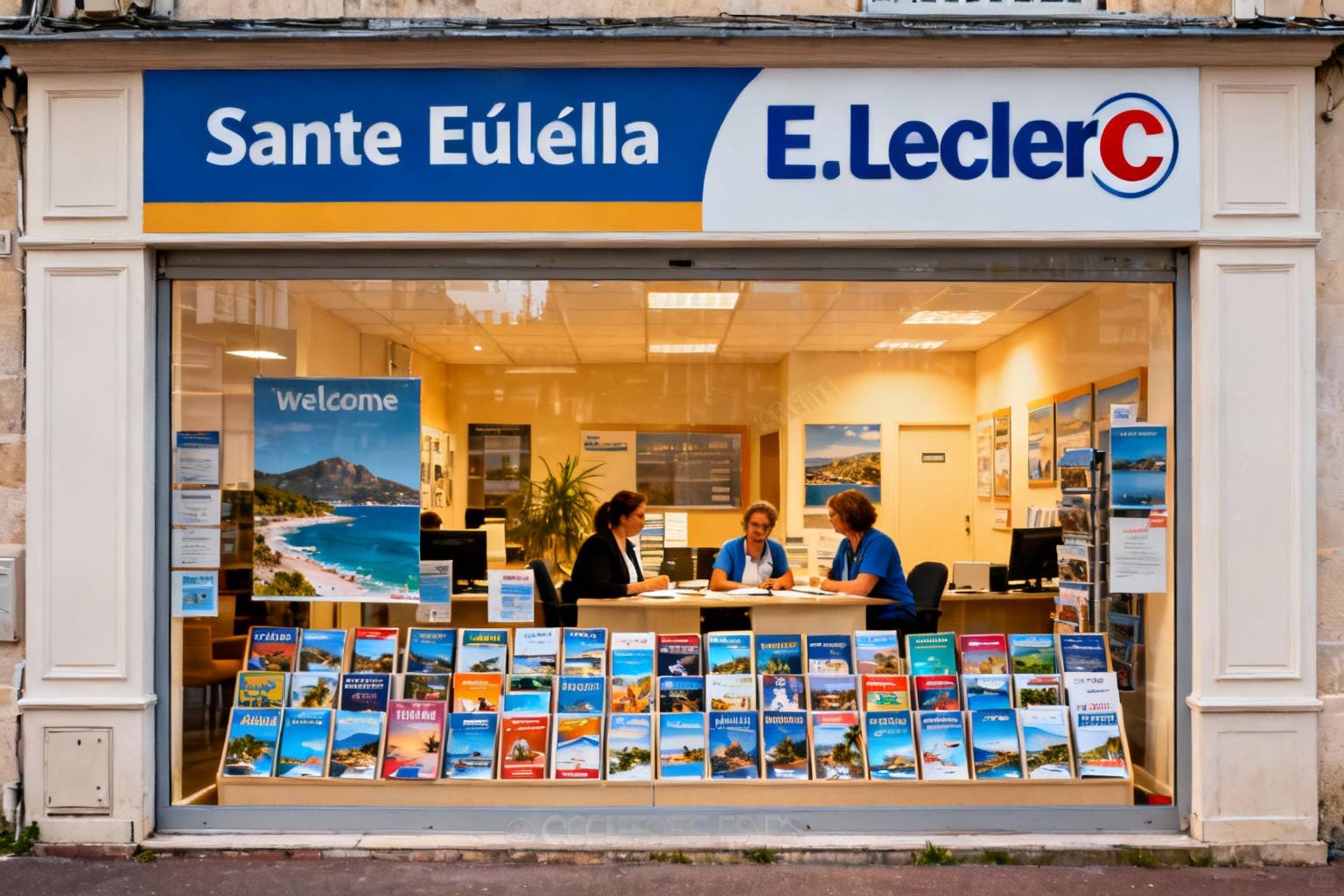 Façade de l'agence de voyages E.Leclerc à Sainte-Eulalie avec décoration chaleureuse et brochures touristiques en vitrine