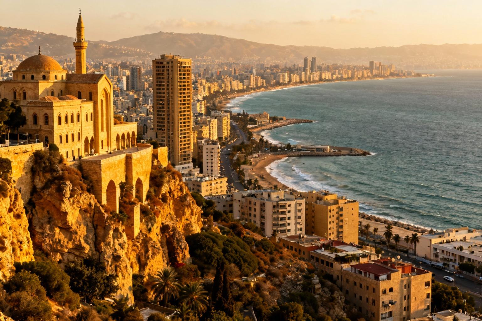 Beirut city skyline with historical buildings and Mediterranean sea under golden hour lighting