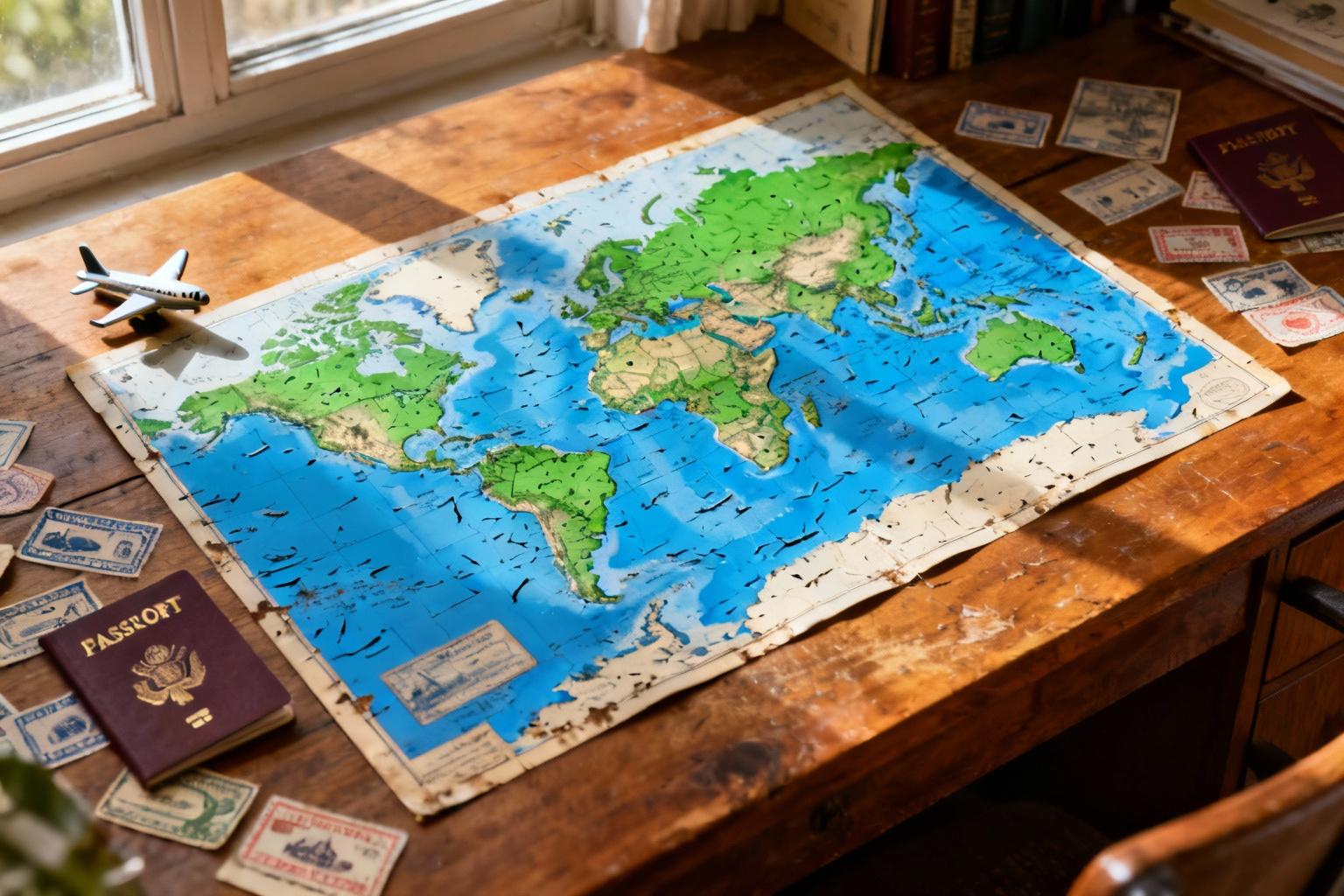 Carte du monde à gratter posée sur un bureau en bois, partiellement grattée pour révéler les continents et océans, avec tampons de passeport et avion miniature