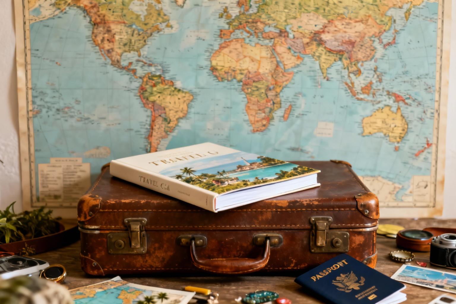 Catalogue de voyage élégant posé sur une valise vintage avec fond de carte du monde et accessoires de voyage